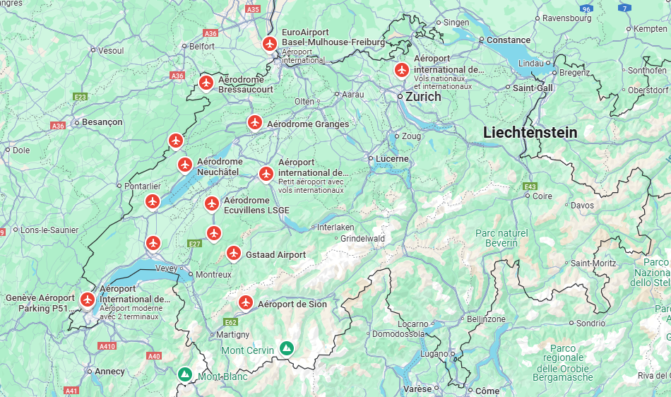 carte des aéroports en Suisse