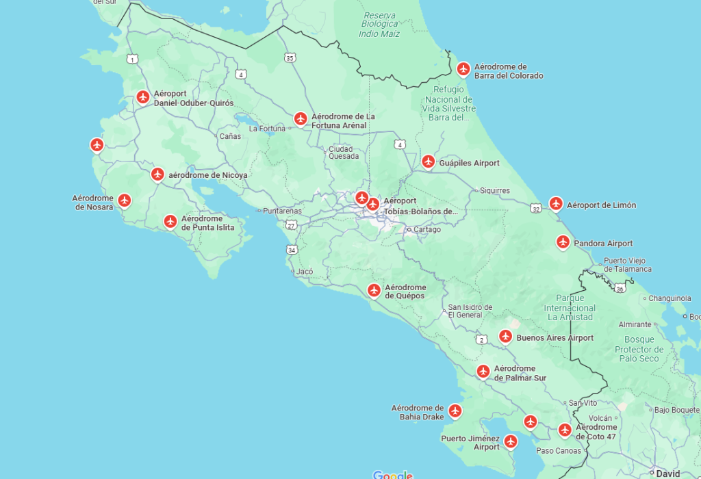 carte aéroports costa rica