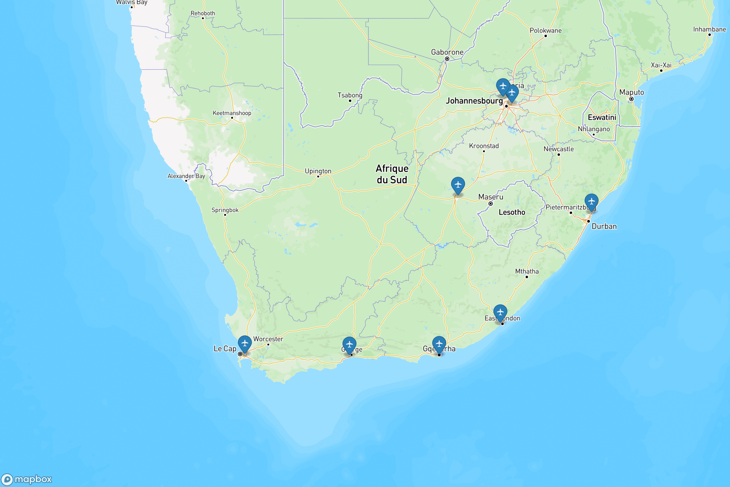 Carte des aéroports de l'Afrique du Sud : OR Tambo (JNB), Cape Town (CPT), King Shaka (DUR)