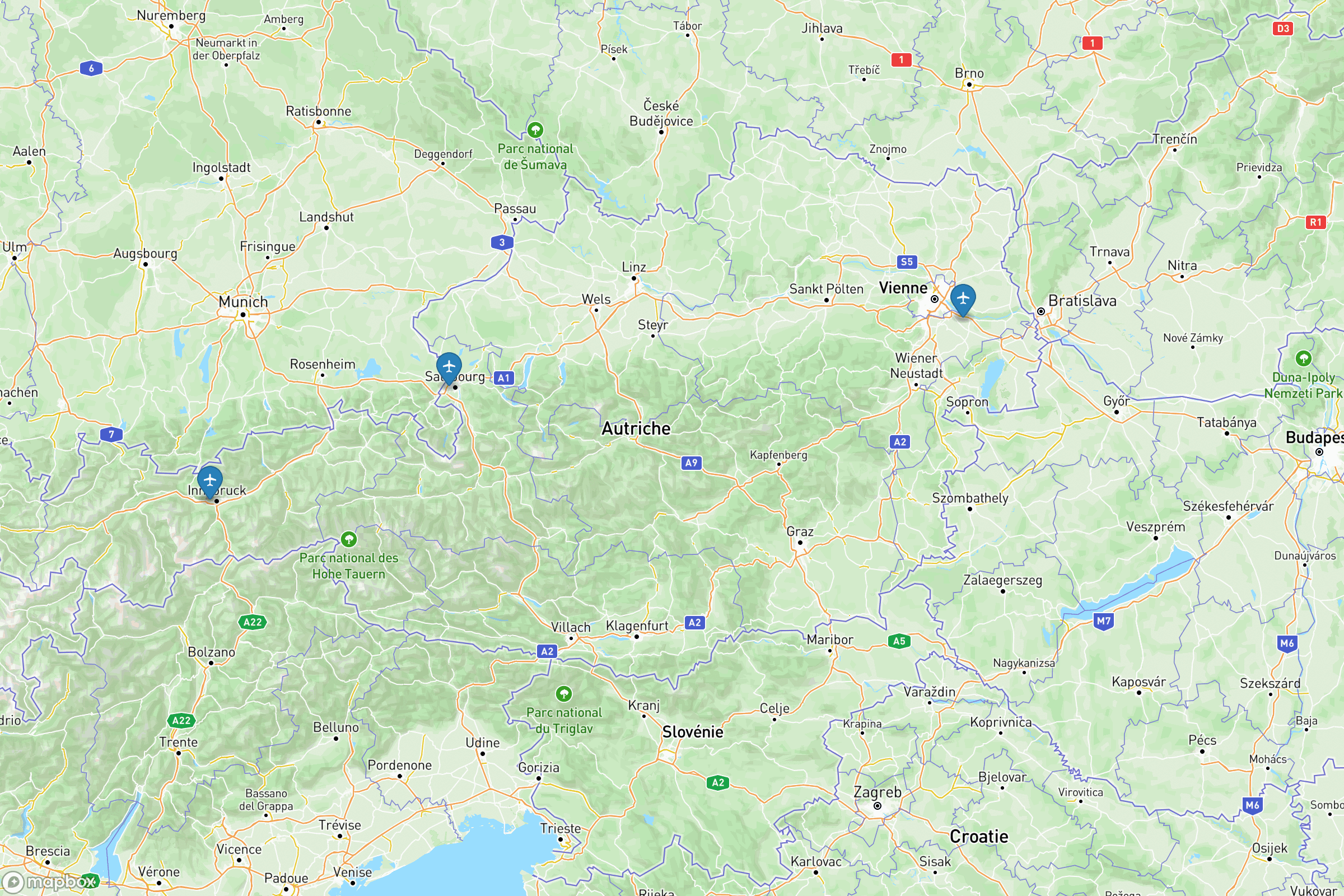 Carte des aéroports de l'Autriche : Vienne-Schwechat (VIE), Salzbourg (SZG), Innsbruck (INN)
