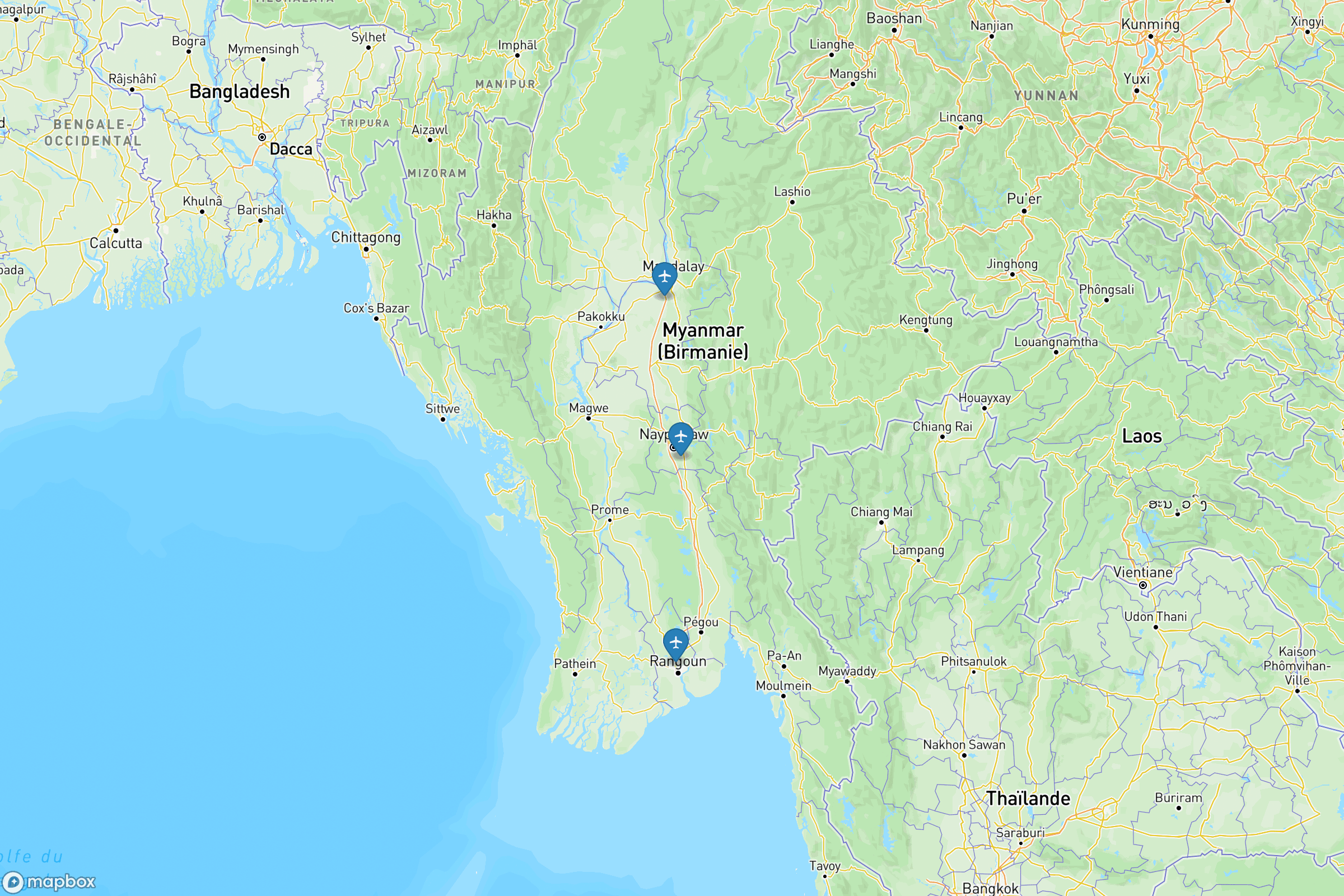 Carte des aéroports de la Birmanie : Rangoun (RGN), Mandalay (MDL), Naypyidaw (NYT)