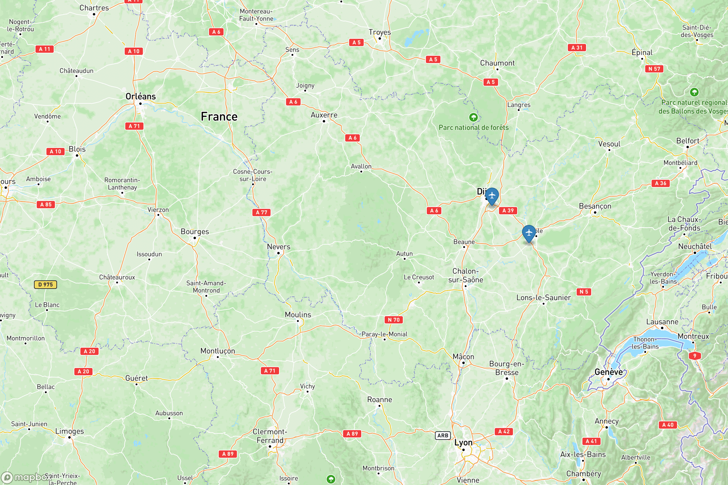 Carte des aéroports de la Bourgogne : Dijon-Bourgogne (DIJ), Dole-Jura (DLE)