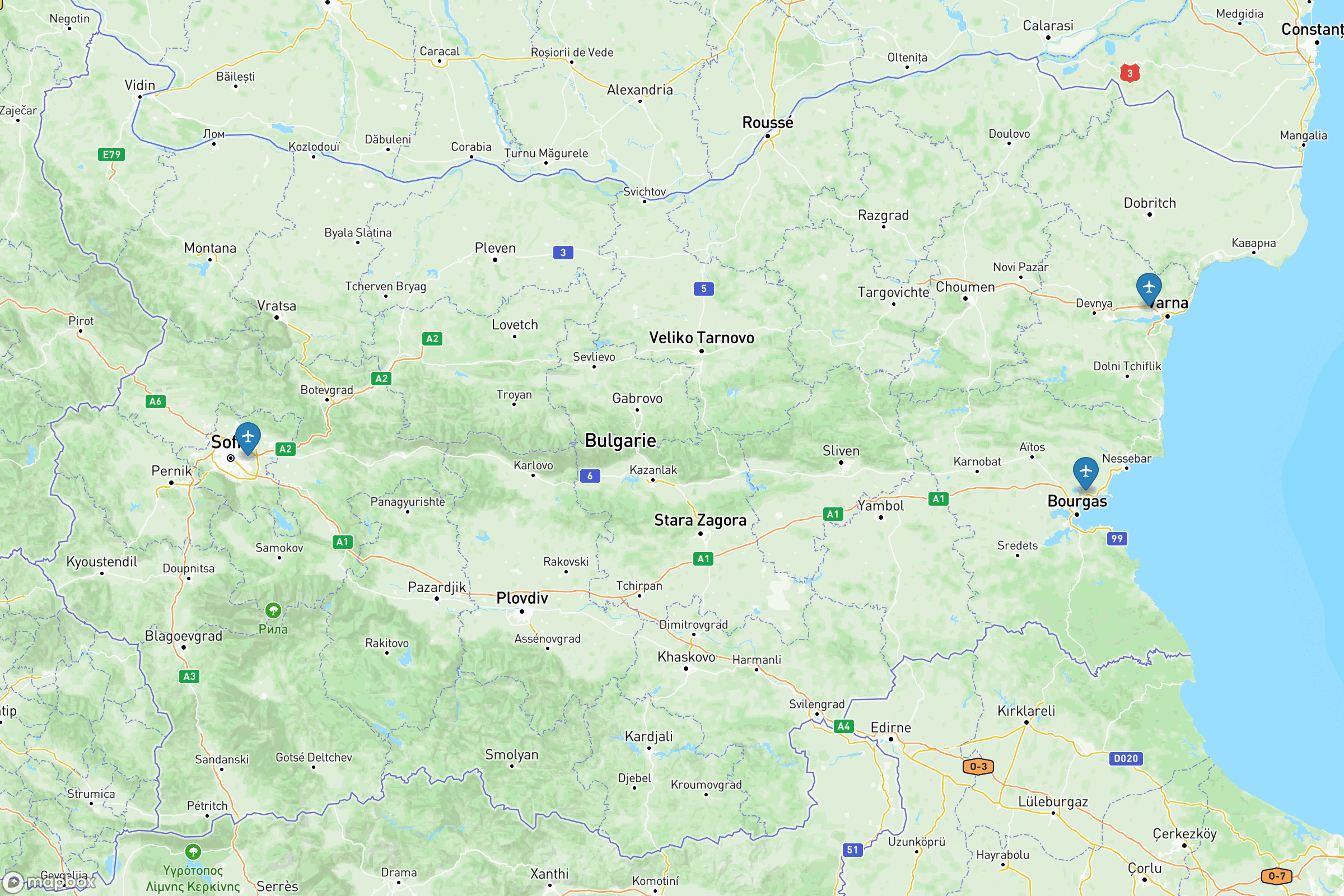 Carte des aéroports de la Bulgarie : Sofia (SOF), Varna (VAR), Bourgas (BOJ)