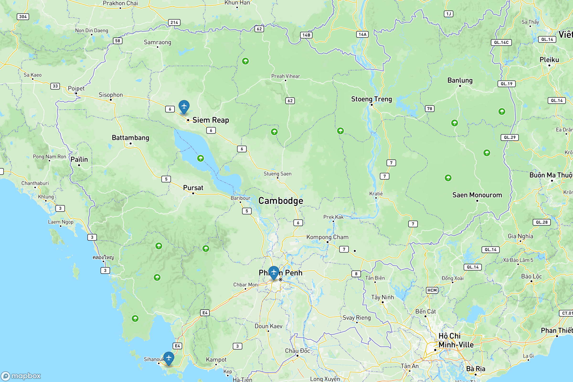 Carte des aéroports de du Cambodge : Phnom Penh (PNH), Siem Reap-Angkor (SAI), Sihanoukville (KOS)