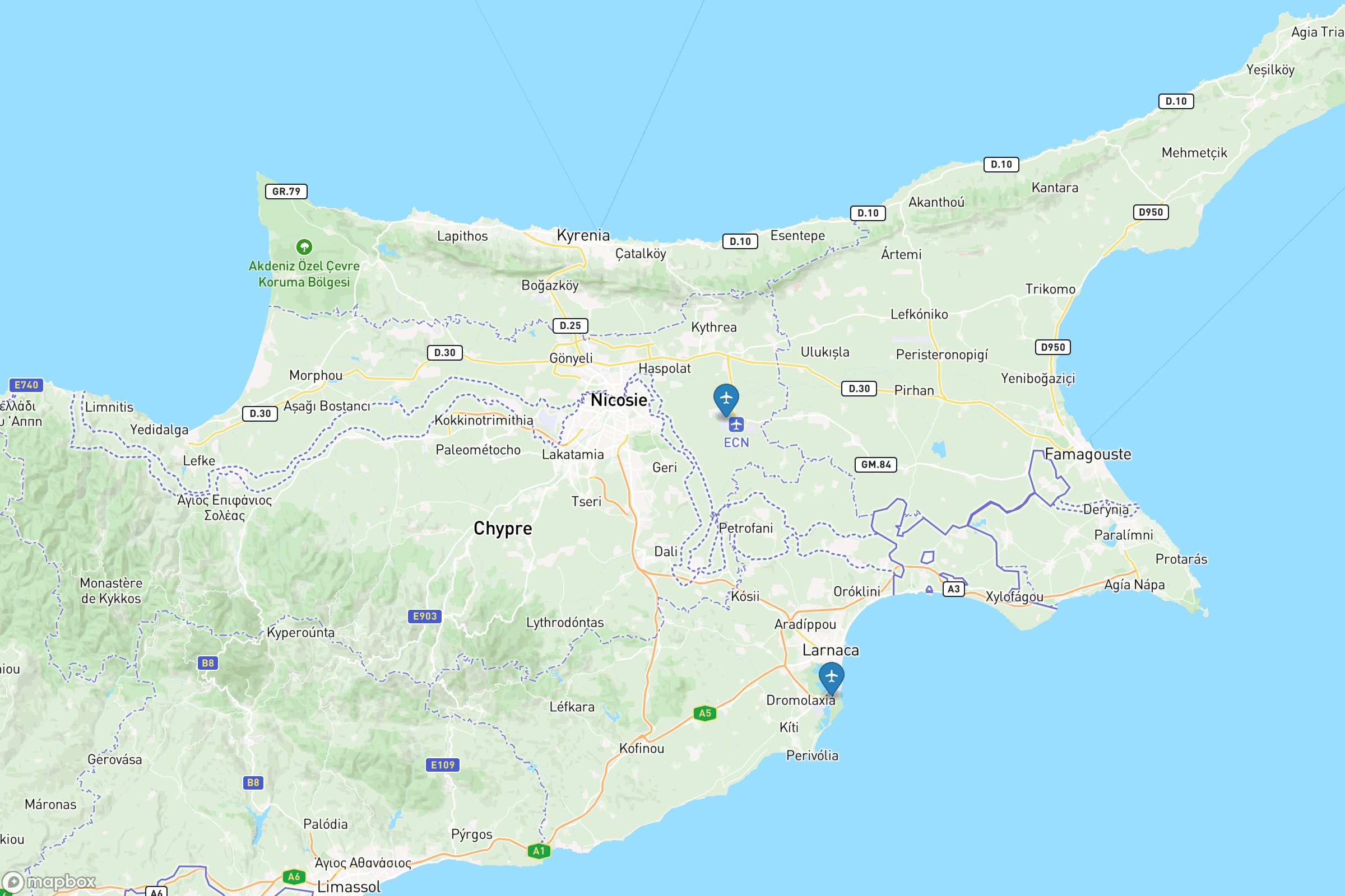 Carte des aéroports de Chypre : Larnaca (LCA), Paphos (PFO), Ercan (ECN)