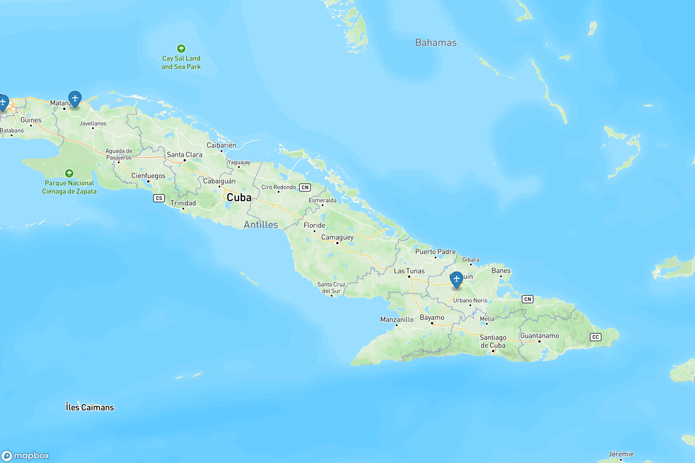 Carte des aéroports de Cuba : José Martí (HAV), Varadero (VRA), Holguín (HOG)