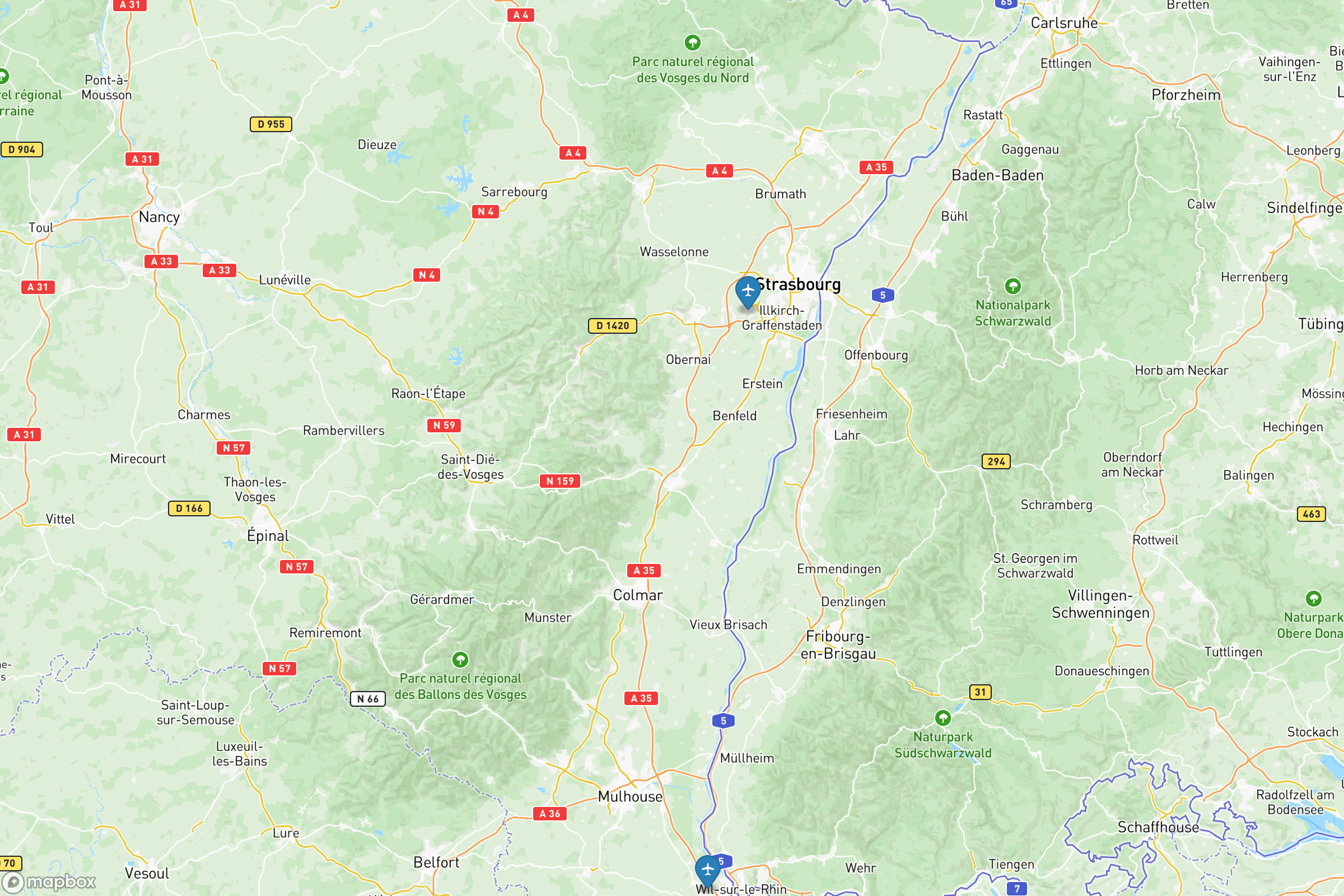 Carte des aéroports de l'Alsace : Strasbourg-Entzheim (SXB), Bâle-Mulhouse (BSL)
