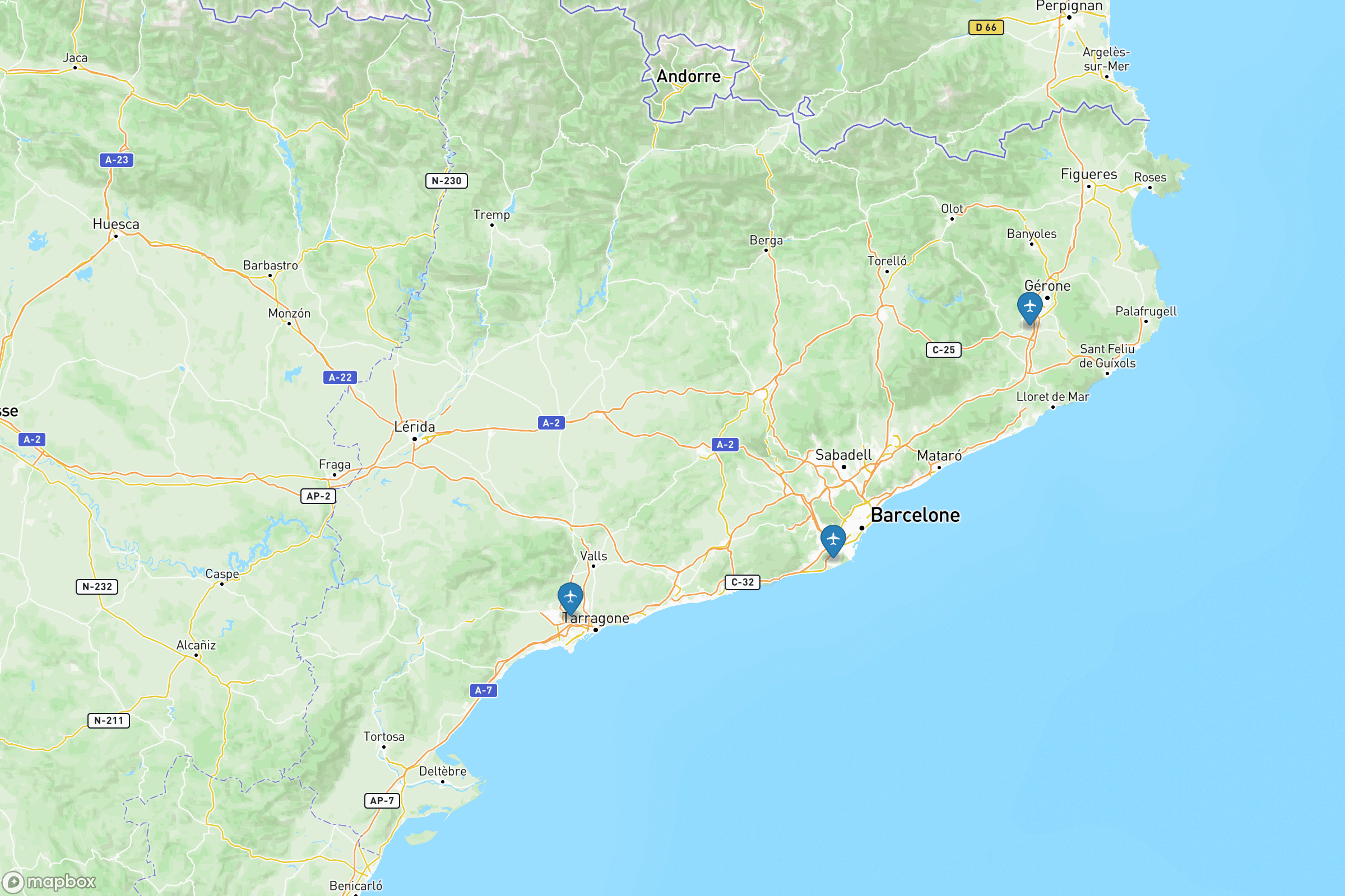 Carte des aéroports de la Catalogne : El Prat (BCN), Gérone-Costa Brava (GRO), Reus (REU)