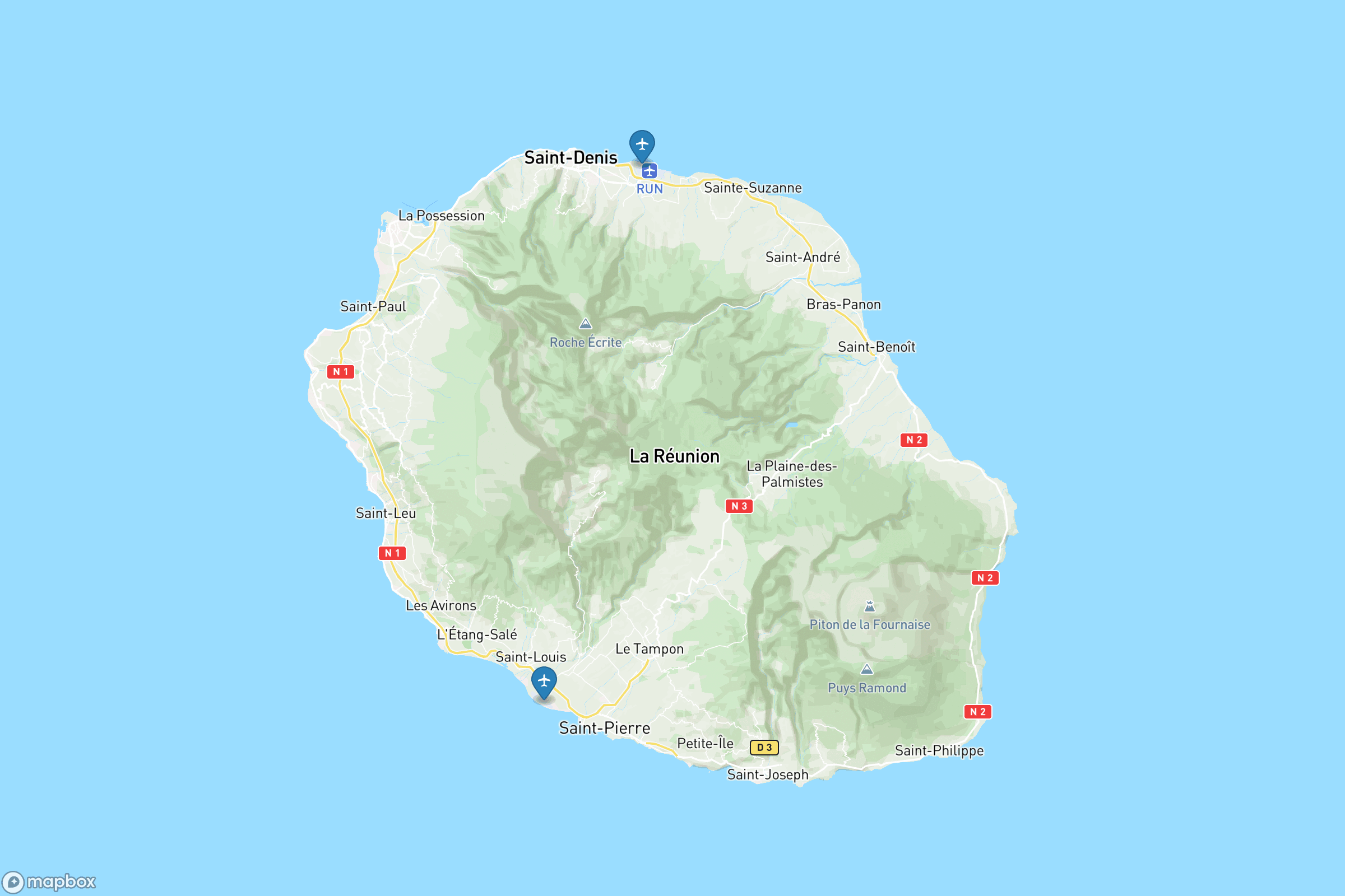 Carte des aéroports de La Réunion : Roland Garros (RUN), Pierrefonds (ZSE)