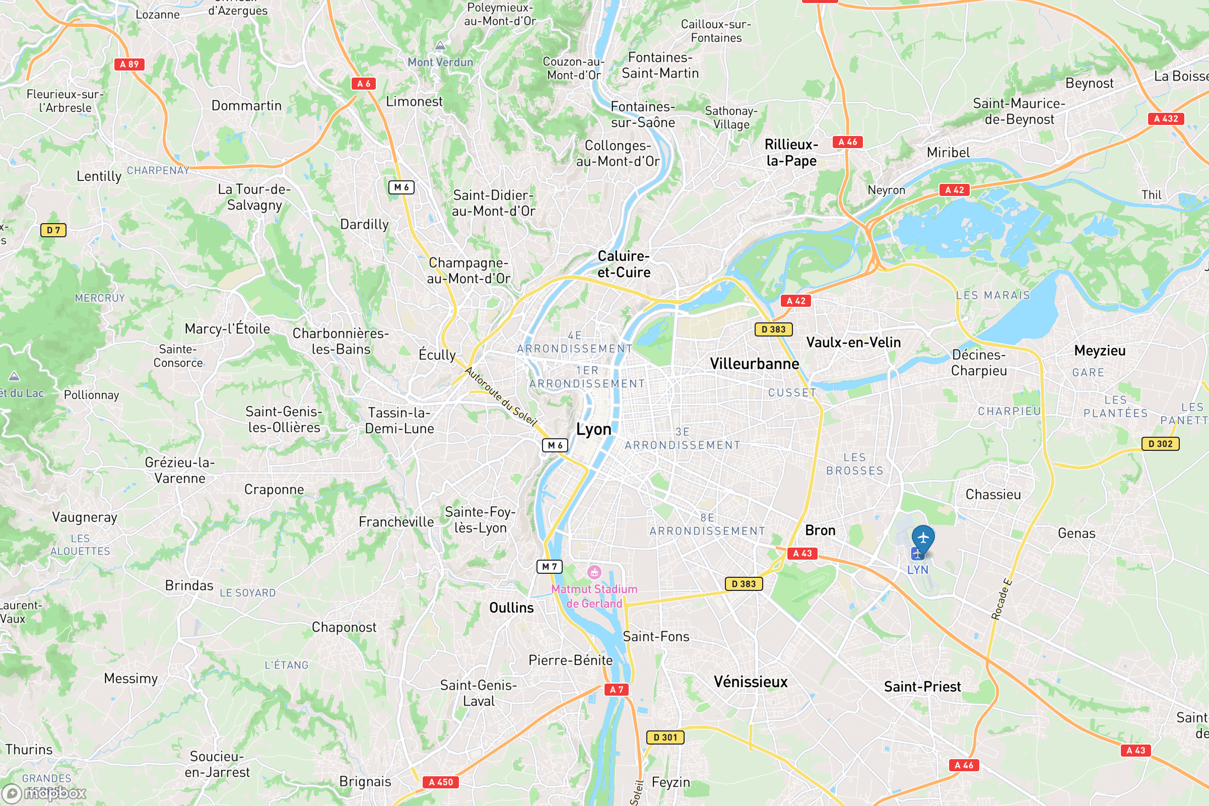 Carte des aéroports de Lyon : Lyon-Saint Exupéry (LYS), Lyon-Bron (LYN)