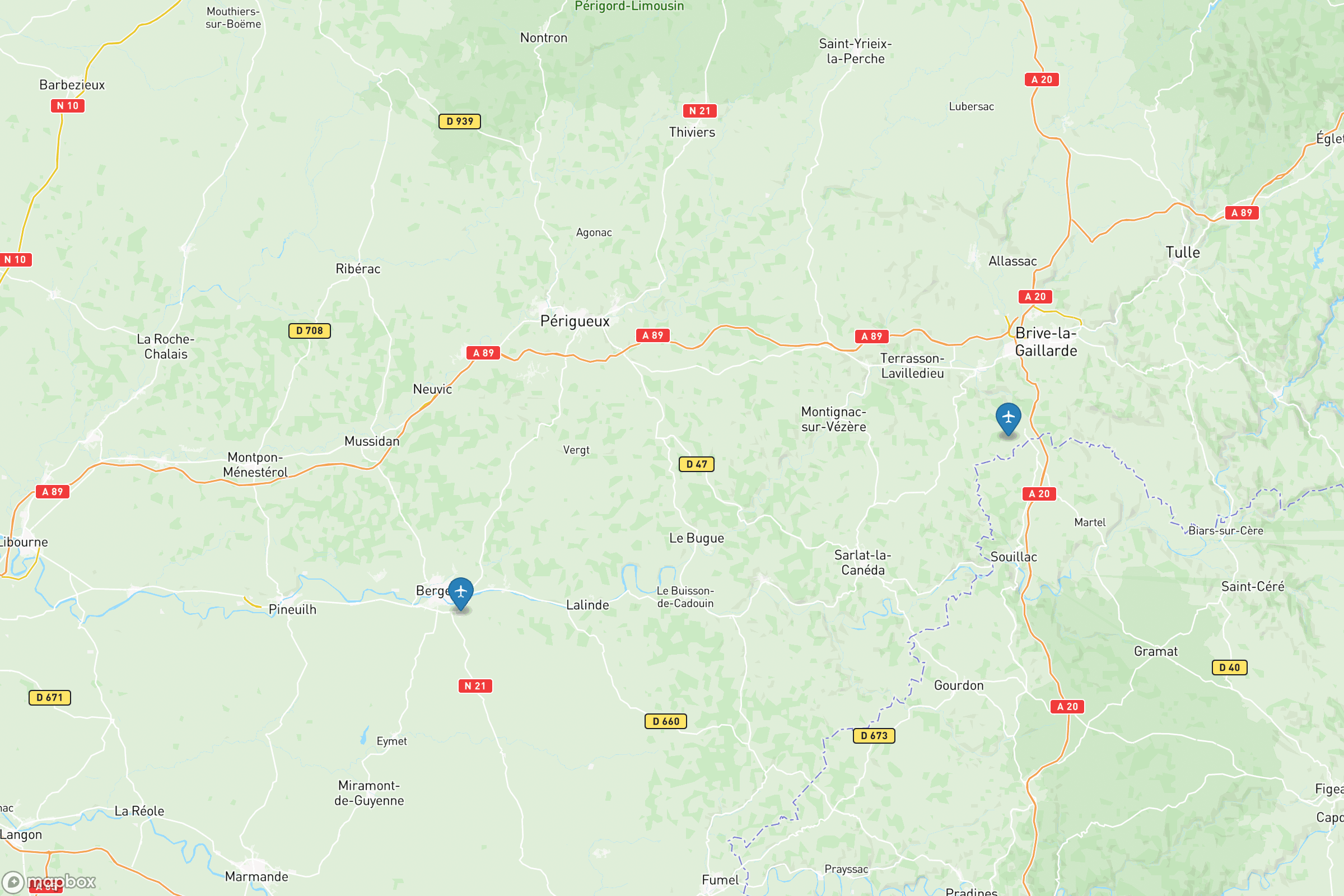 Carte des aéroports de la Dordogne : Bergerac-Dordogne (EGC), Brive-Vallée de la Dordogne (BVE)