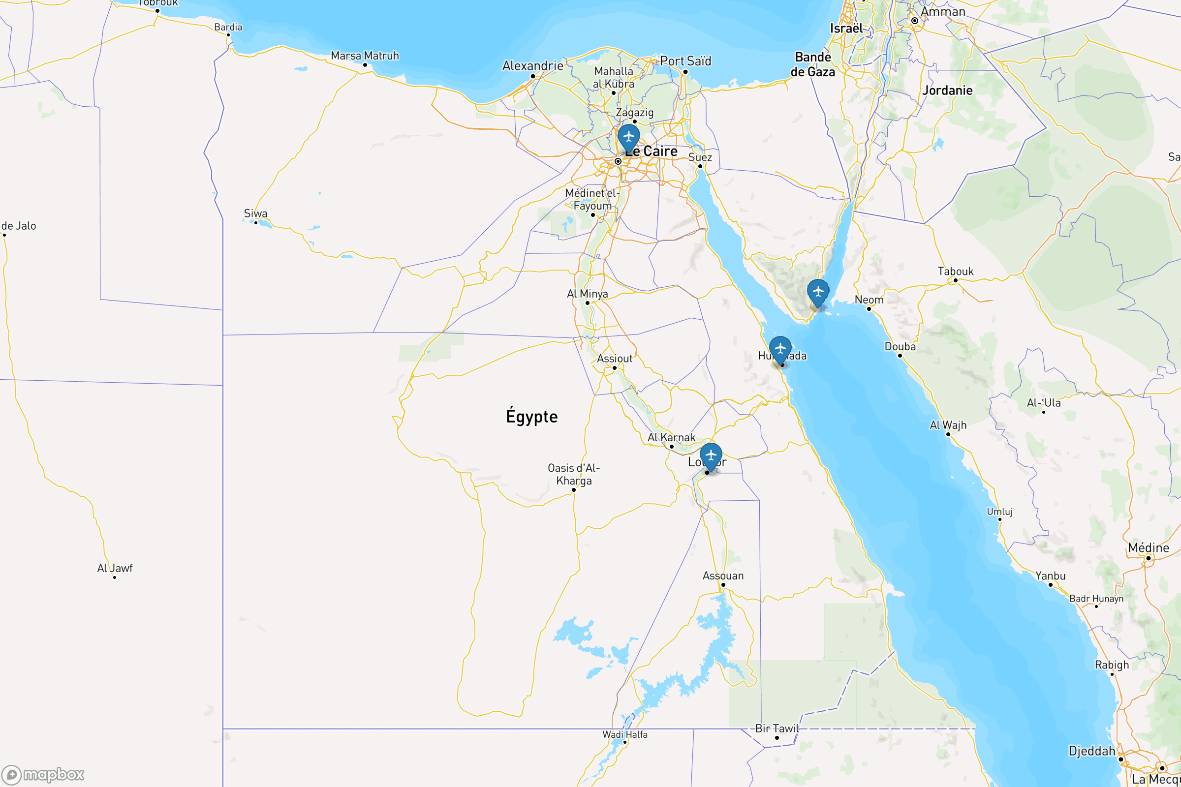 Carte des aéroports de l'Égypte : Le Caire (CAI), Hurghada (HRG), Charm el-Cheikh (SSH)