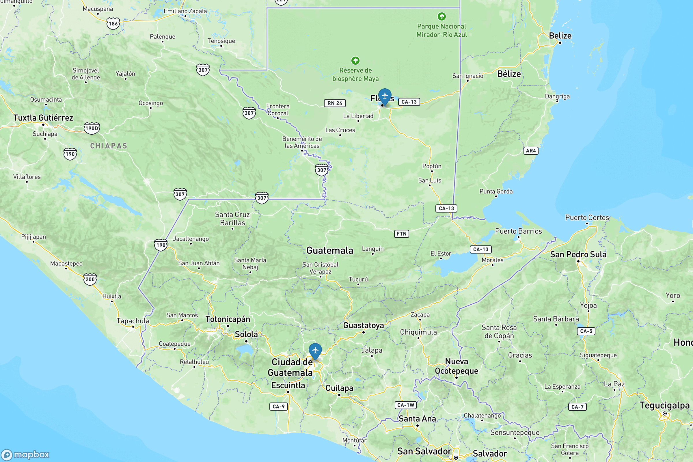 Carte des aéroports de du Guatemala : La Aurora (GUA), Mundo Maya (FRS)