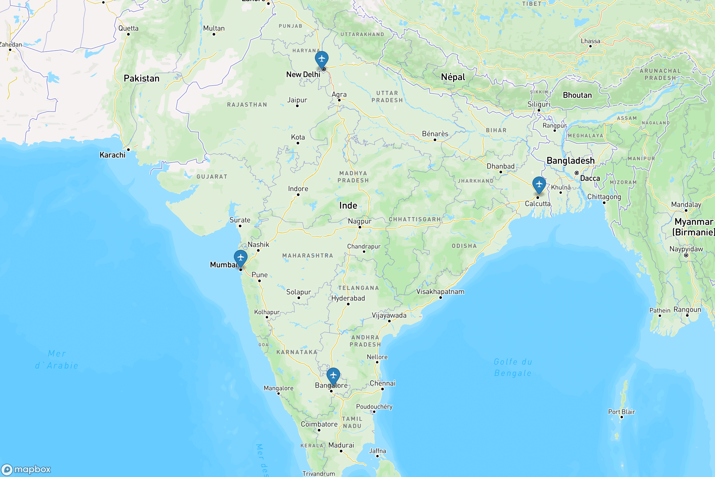 Carte des aéroports de l'Inde : Indira Gandhi (DEL), , Kempegowda (BLR)