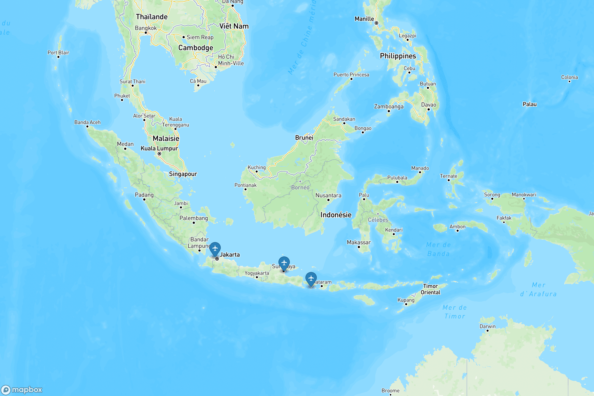 Carte des aéroports de l'Indonésie : Soekarno-Hatta (CGK), Ngurah Rai Bali (DPS), Juanda Surabaya (SUB)