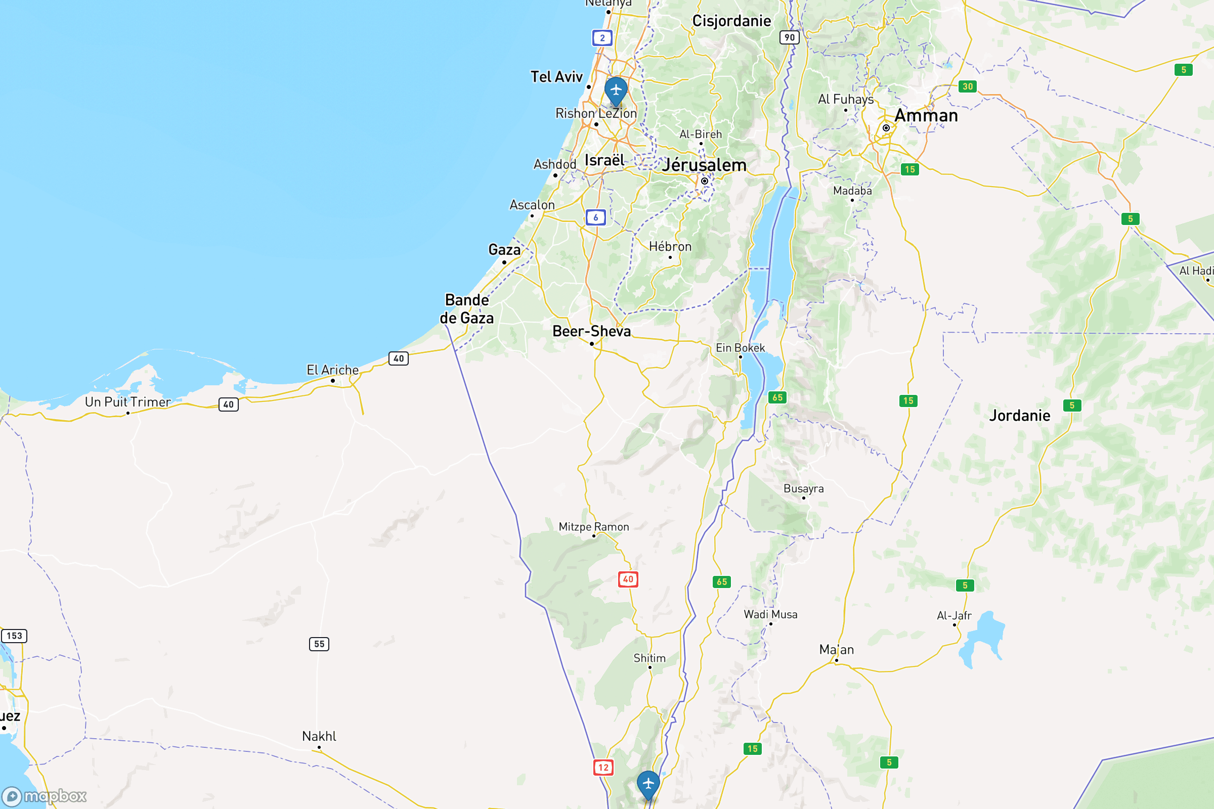 Carte des aéroports de d'Israël : Ben Gourion (TLV), Ramon (ETM)