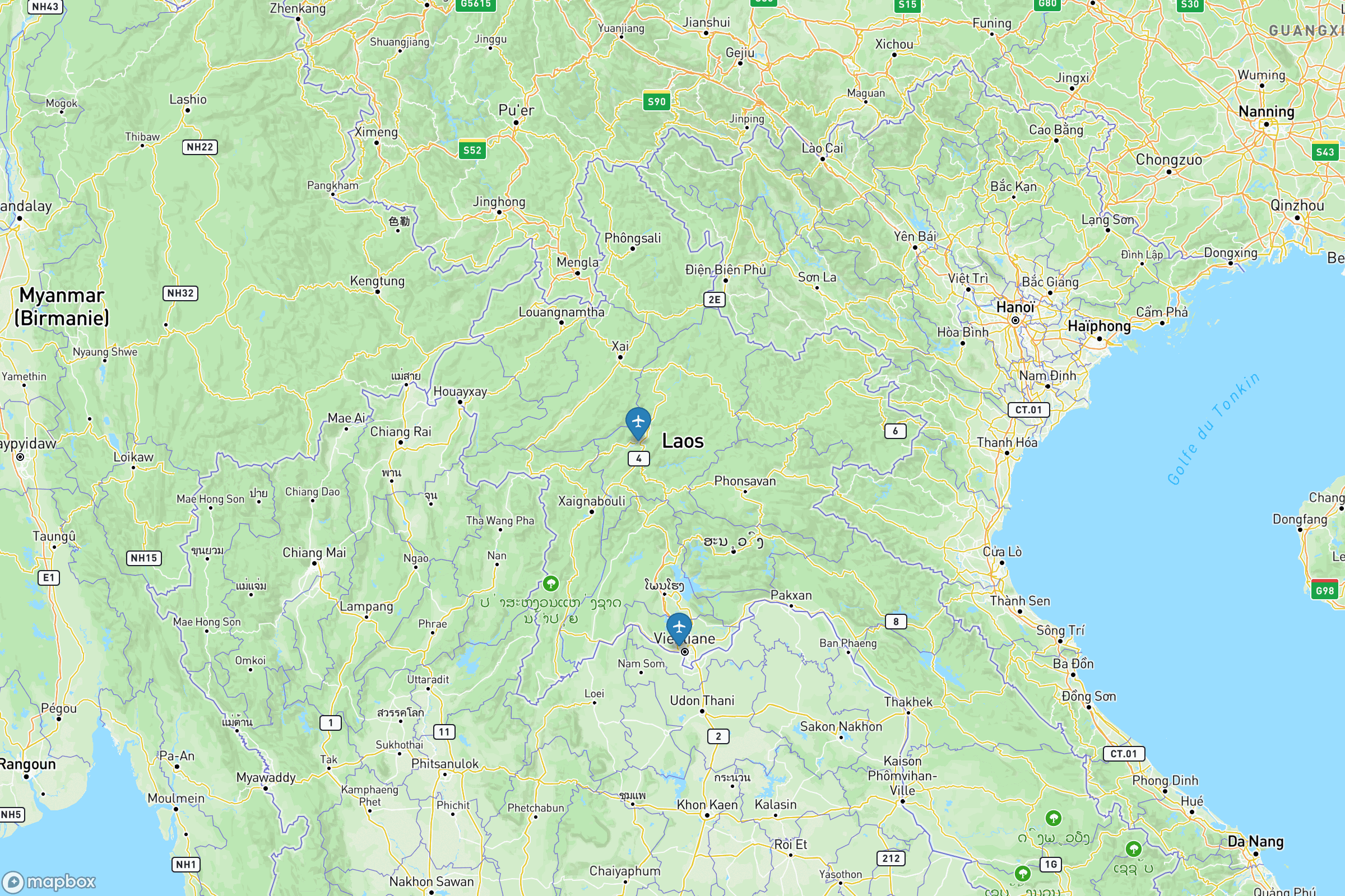 Carte des aéroports de du Laos : Wattay (VTE), Luang Prabang (LPQ), Paksé (PKZ)