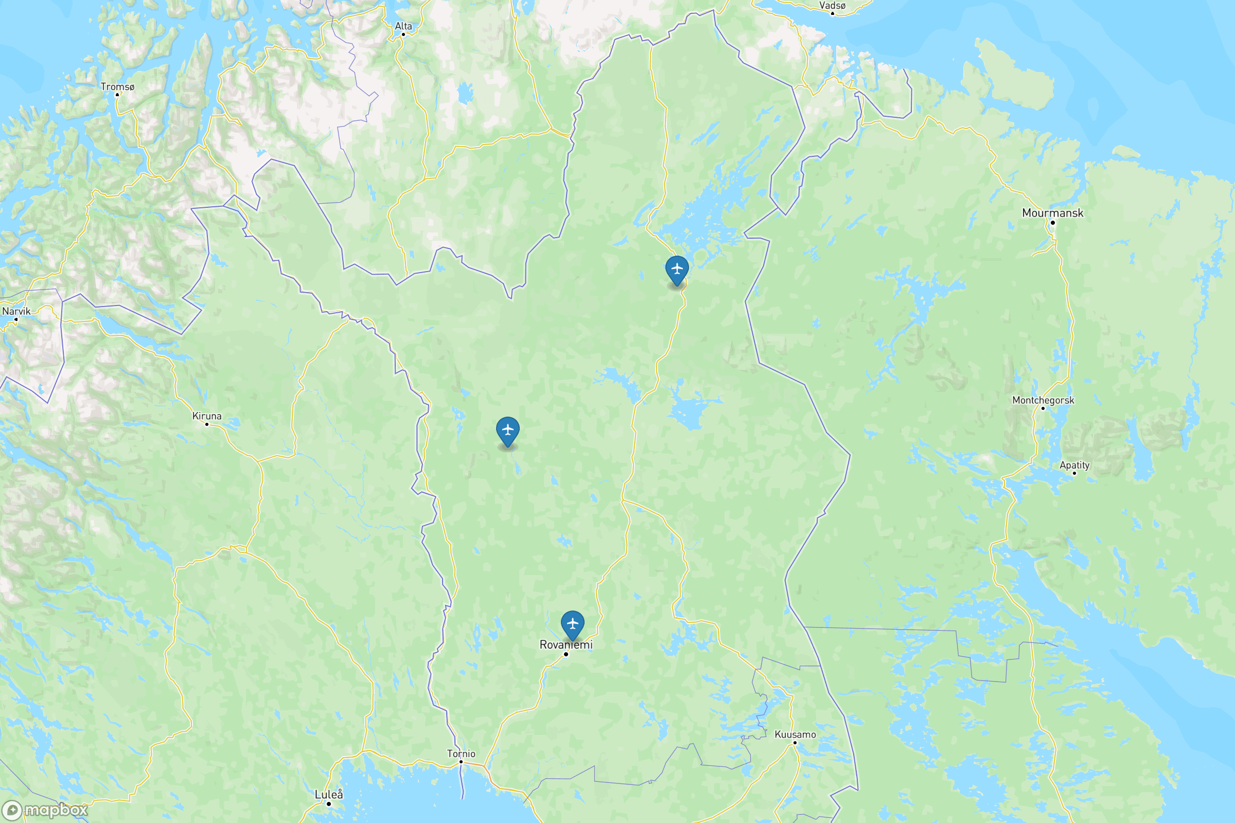 Carte des aéroports de la Laponie : Rovaniemi (RVN), Ivalo (IVL), Kittilä (KTT)
