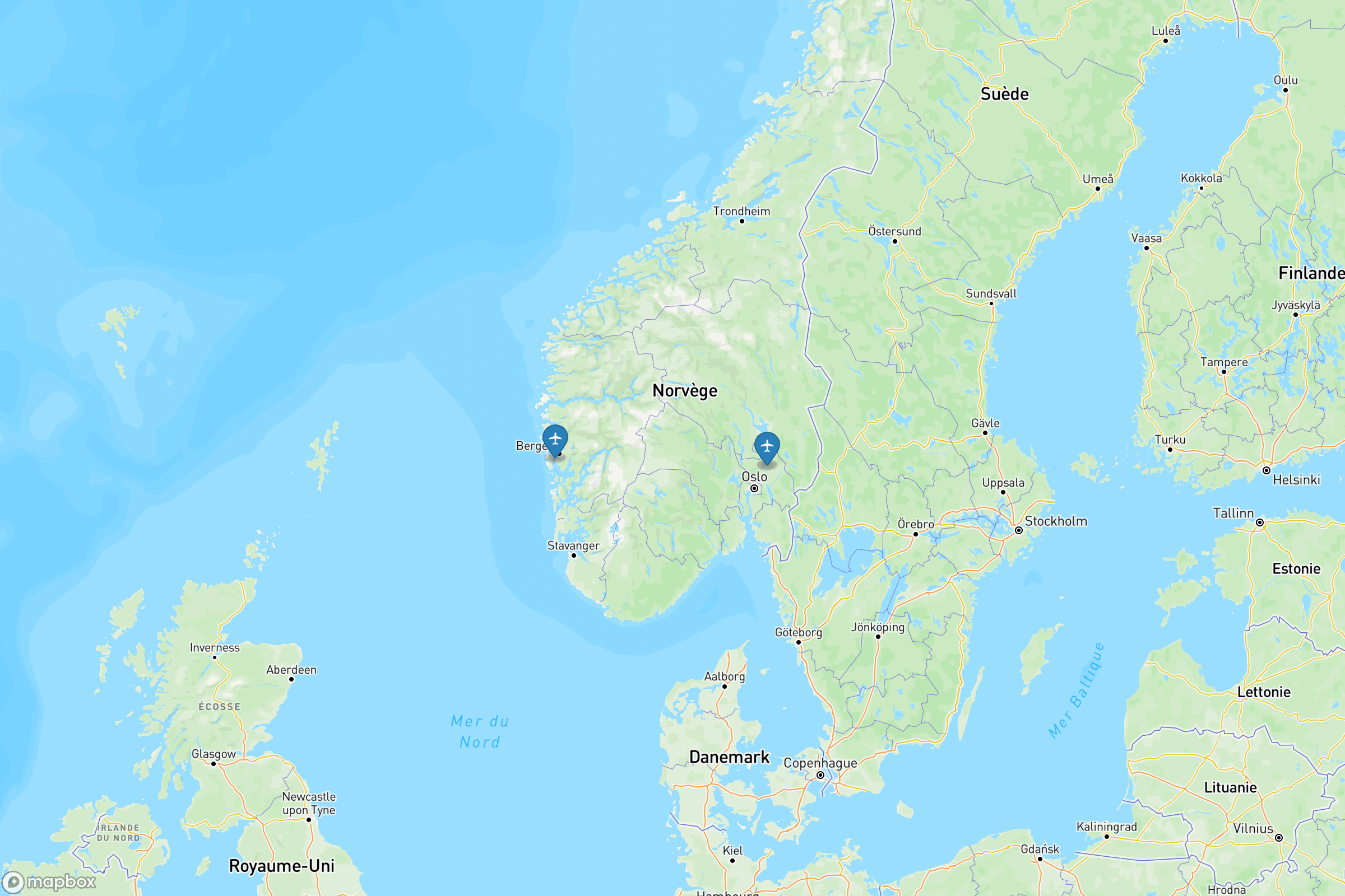 Carte des aéroports de la Norvège : Oslo Gardermoen (OSL), Bergen Flesland (BGO), Tromsø (TOS)