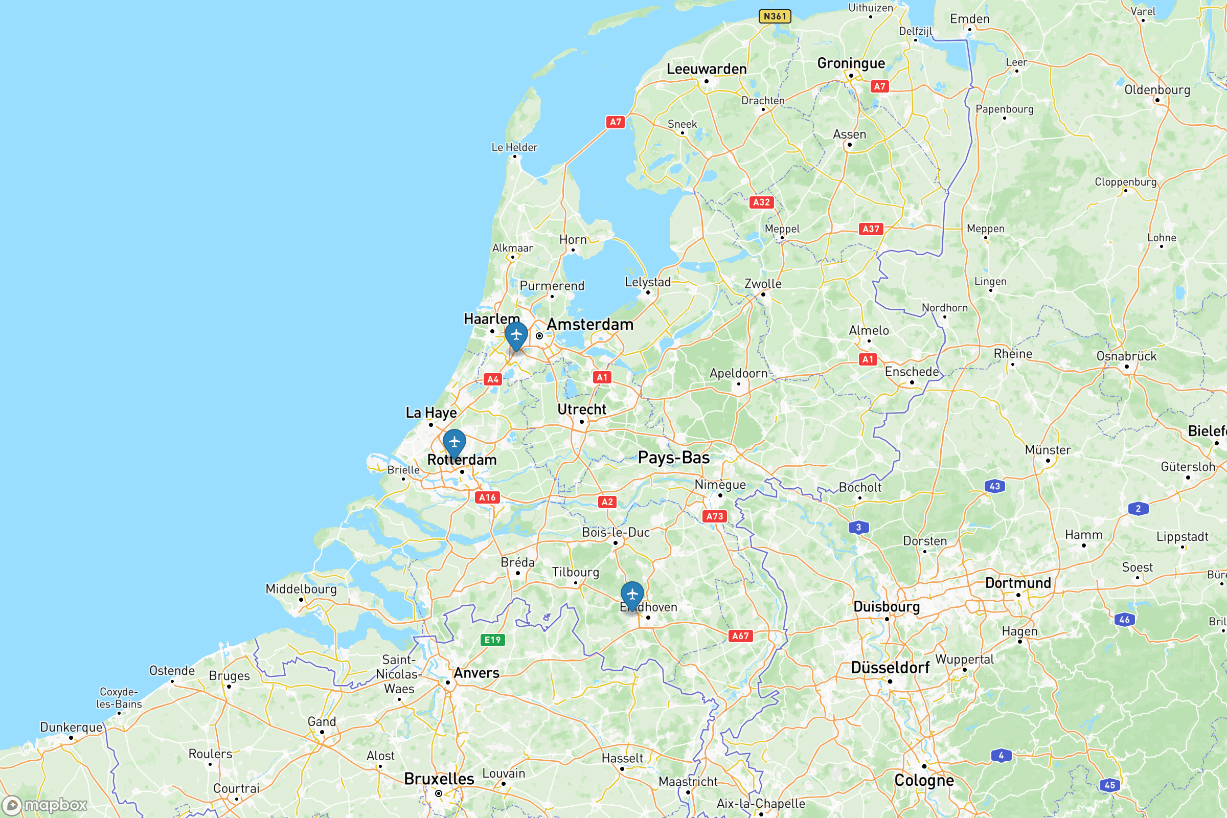 Carte des aéroports de des Pays-Bas : Amsterdam-Schiphol (AMS), Eindhoven (EIN), Rotterdam-La Haye (RTM)