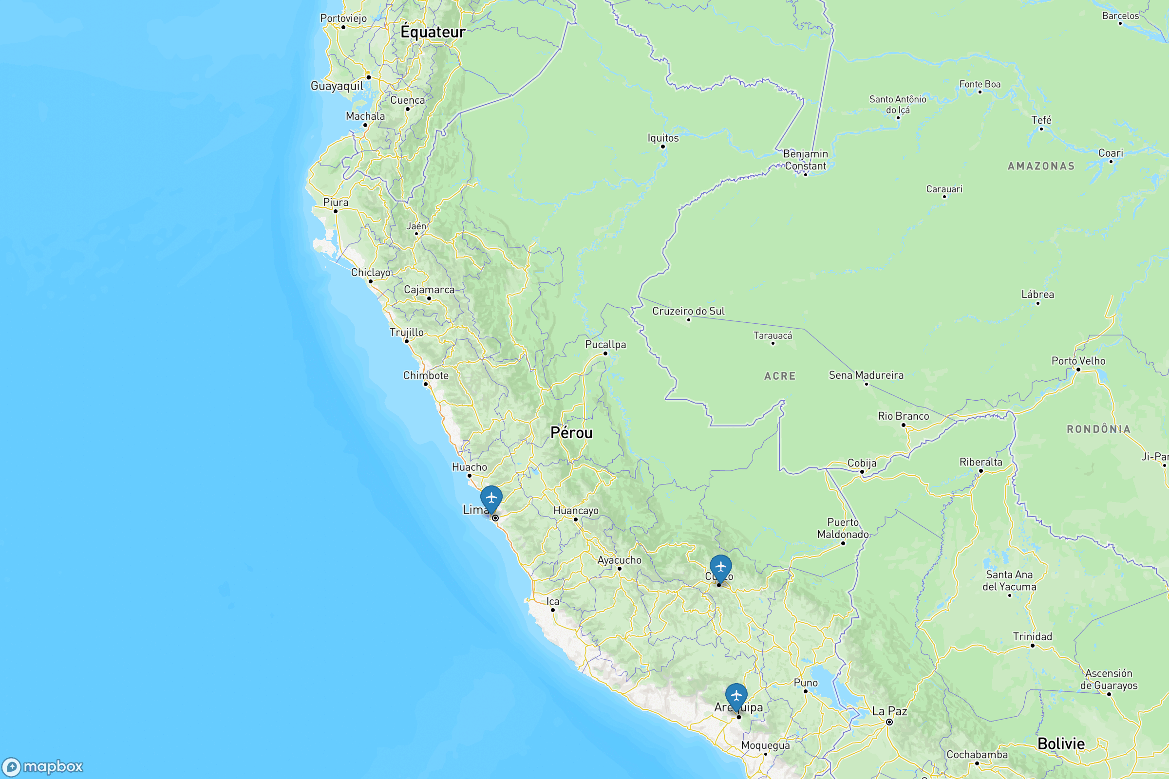 Carte des aéroports de du Pérou : Jorge Chávez (LIM), Alejandro Velasco Astete (CUZ), Rodríguez Ballón (AQP)