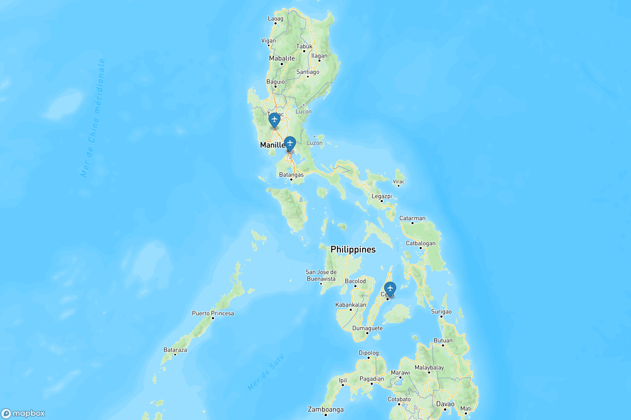 Carte des aéroports de des Philippines : Ninoy Aquino (MNL), Mactan-Cebu (CEB), Clark (CRK)
