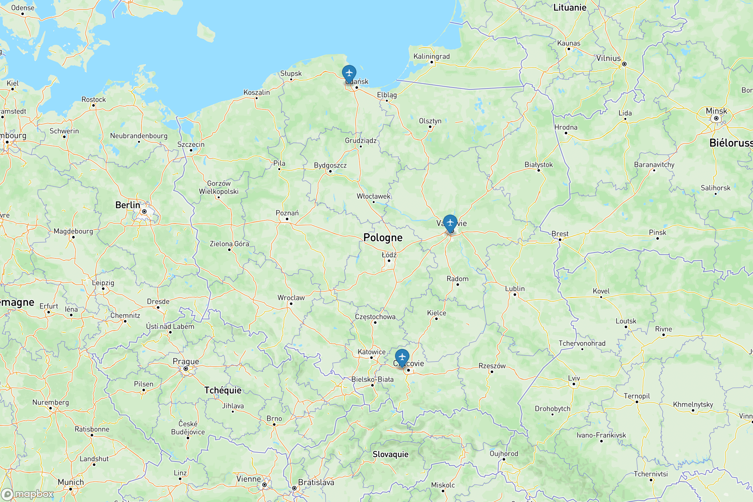 Carte des aéroports de la Pologne : Varsovie-Chopin (WAW), Cracovie-Balice (KRK), Gdańsk-Lech Wałęsa (GDN)