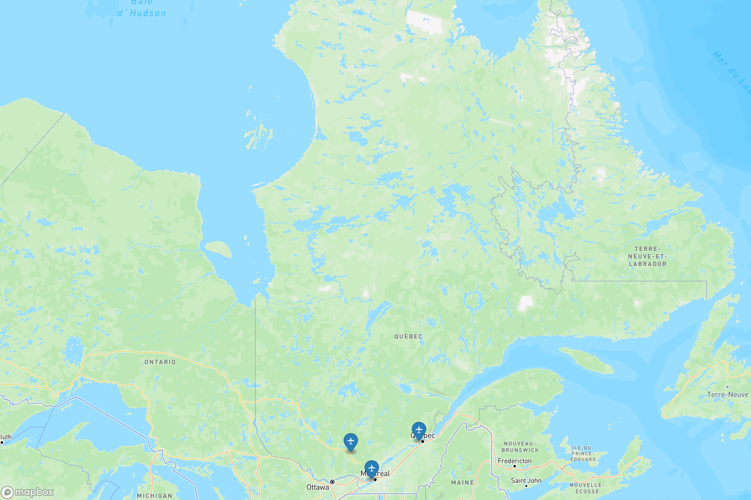 Carte des aéroports de du Québec : Montréal-Trudeau (YUL), Québec-Jean Lesage (YQB), Mont-Tremblant (YTM)