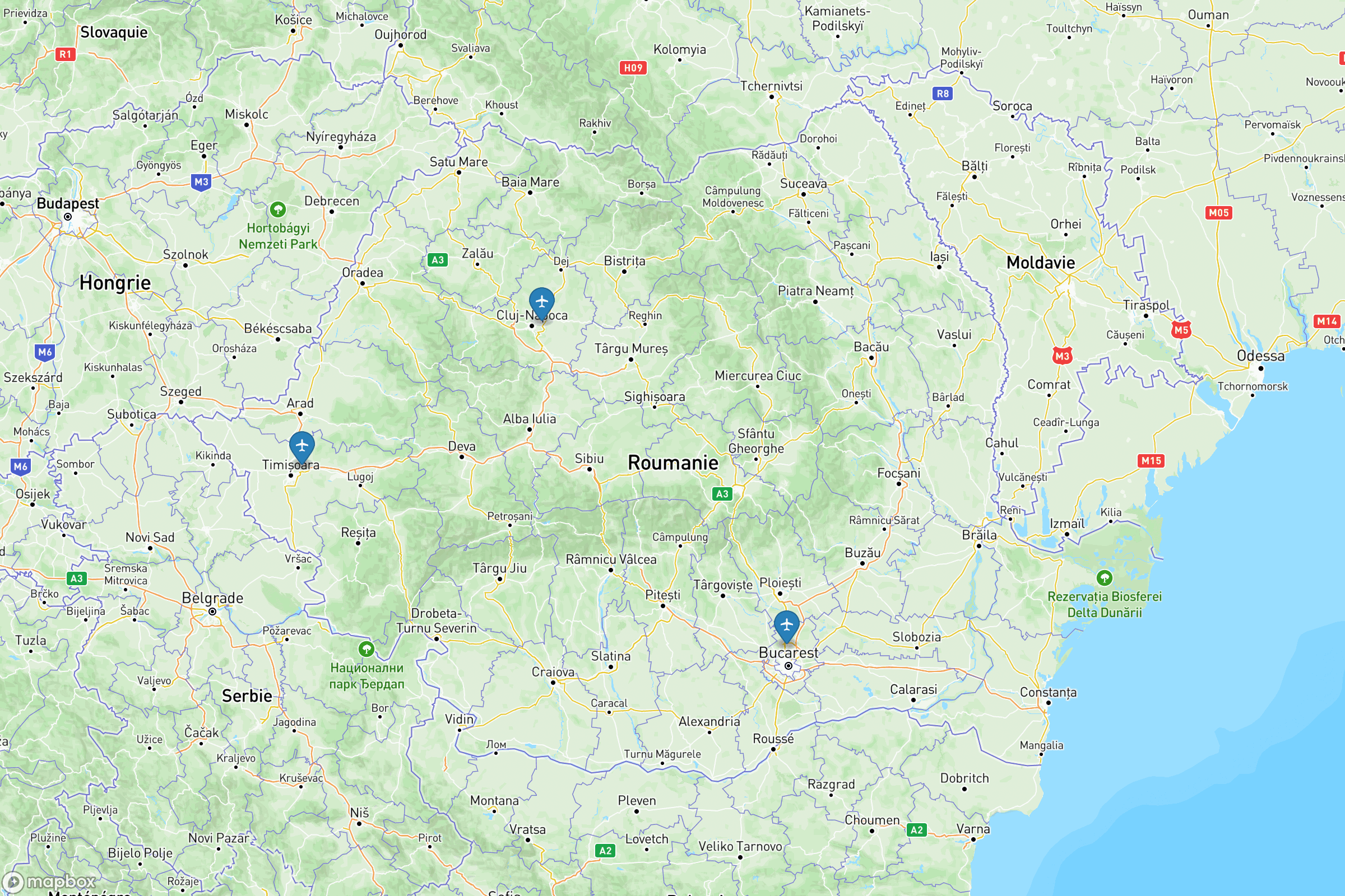 Carte des aéroports de la Roumanie : Bucarest-Otopeni (OTP), Cluj-Napoca (CLJ), Timișoara (TSR)