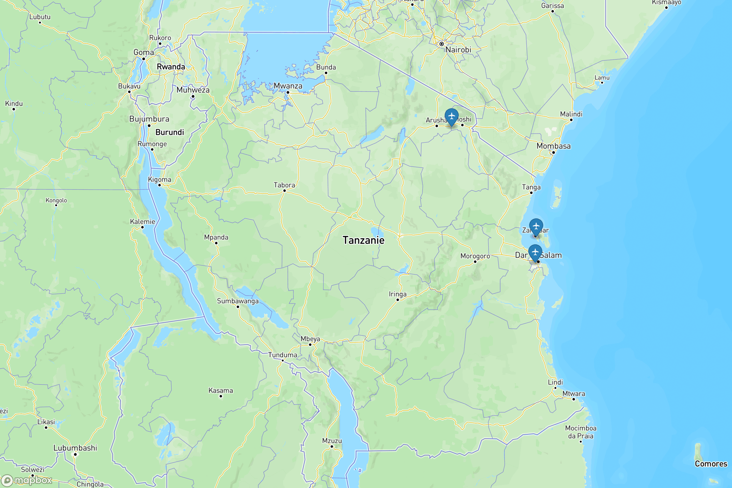 Carte des aéroports de la Tanzanie : Julius Nyerere (DAR), Kilimandjaro (JRO), Zanzibar (ZNZ)