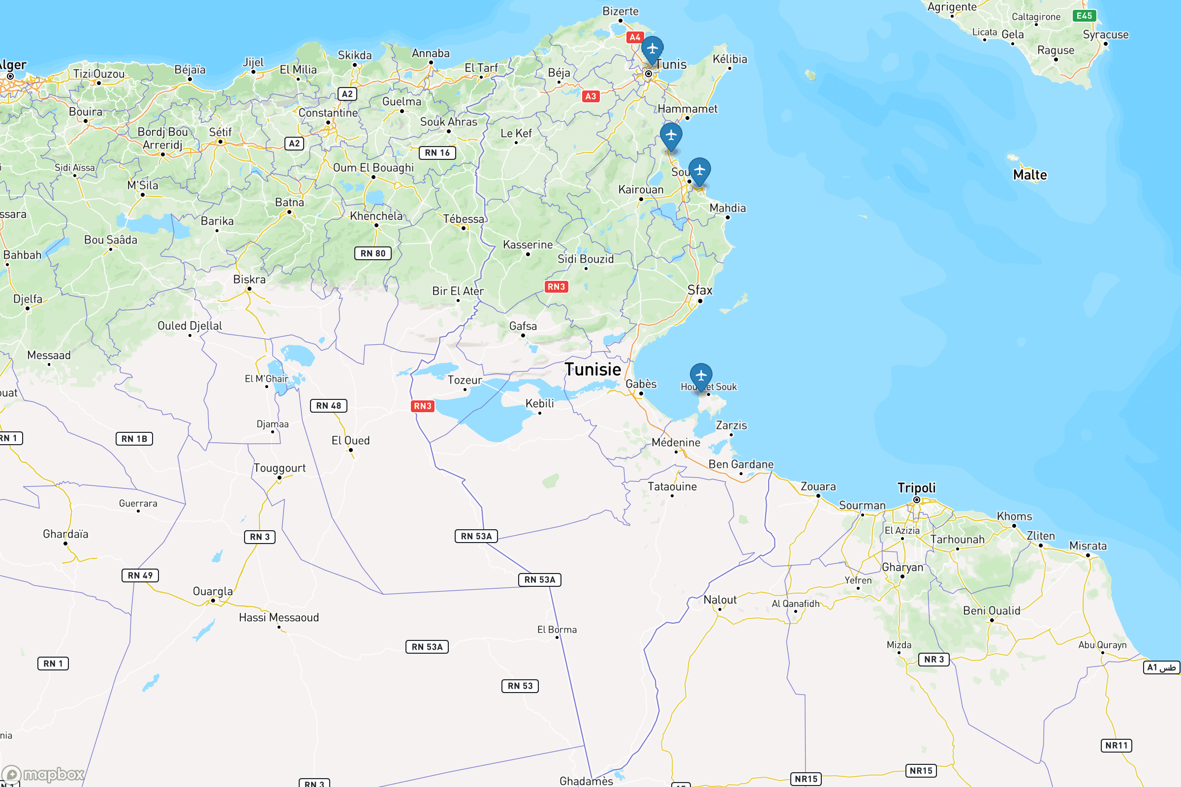 Carte des aéroports de la Tunisie : Tunis-Carthage (TUN), Enfidha-Hammamet (NBE), Djerba-Zarzis (DJE)