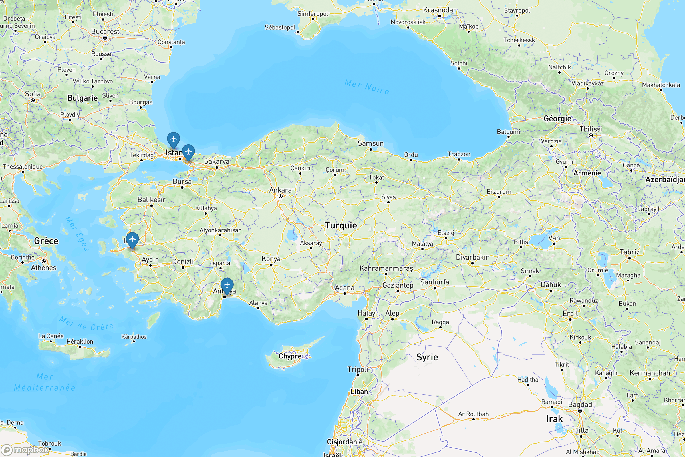 Carte des aéroports de la Turquie : Istanbul (IST), Sabiha Gökçen (SAW), Antalya (AYT)