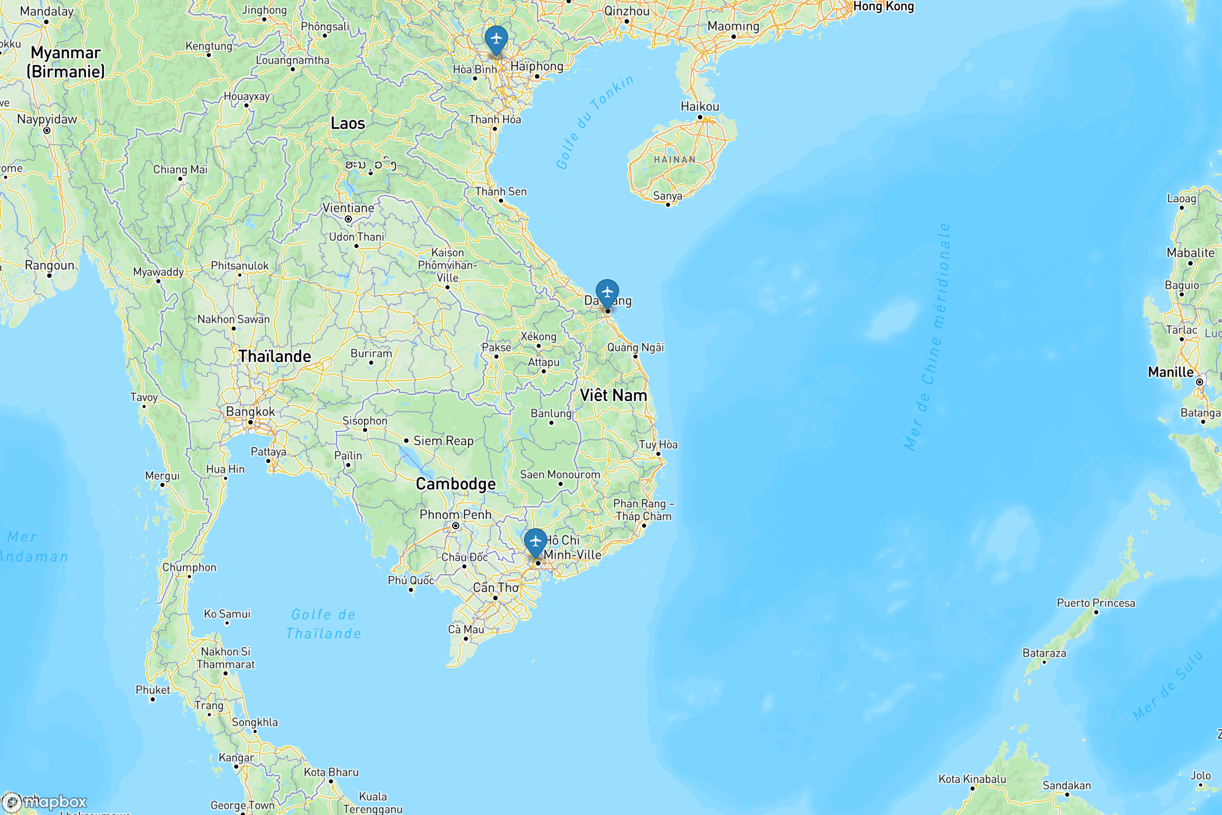 Carte des aéroports de du Vietnam : Tan Son Nhat (SGN), Noi Bai (HAN), Da Nang (DAD)