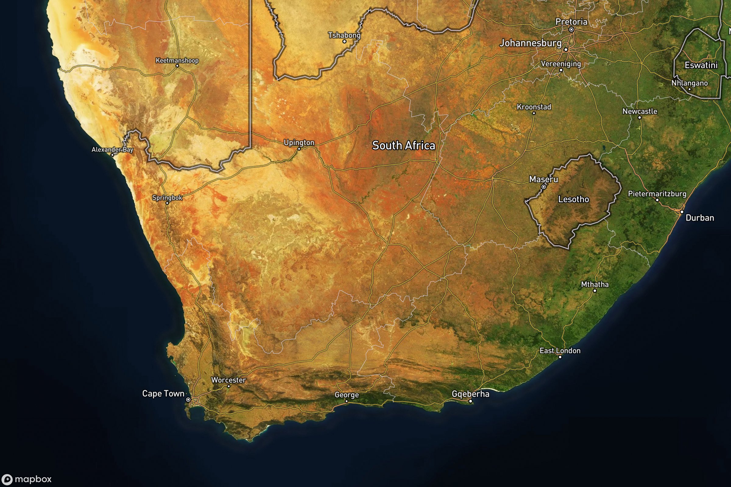 Vue satellite montrant le relief de l'Afrique du Sud