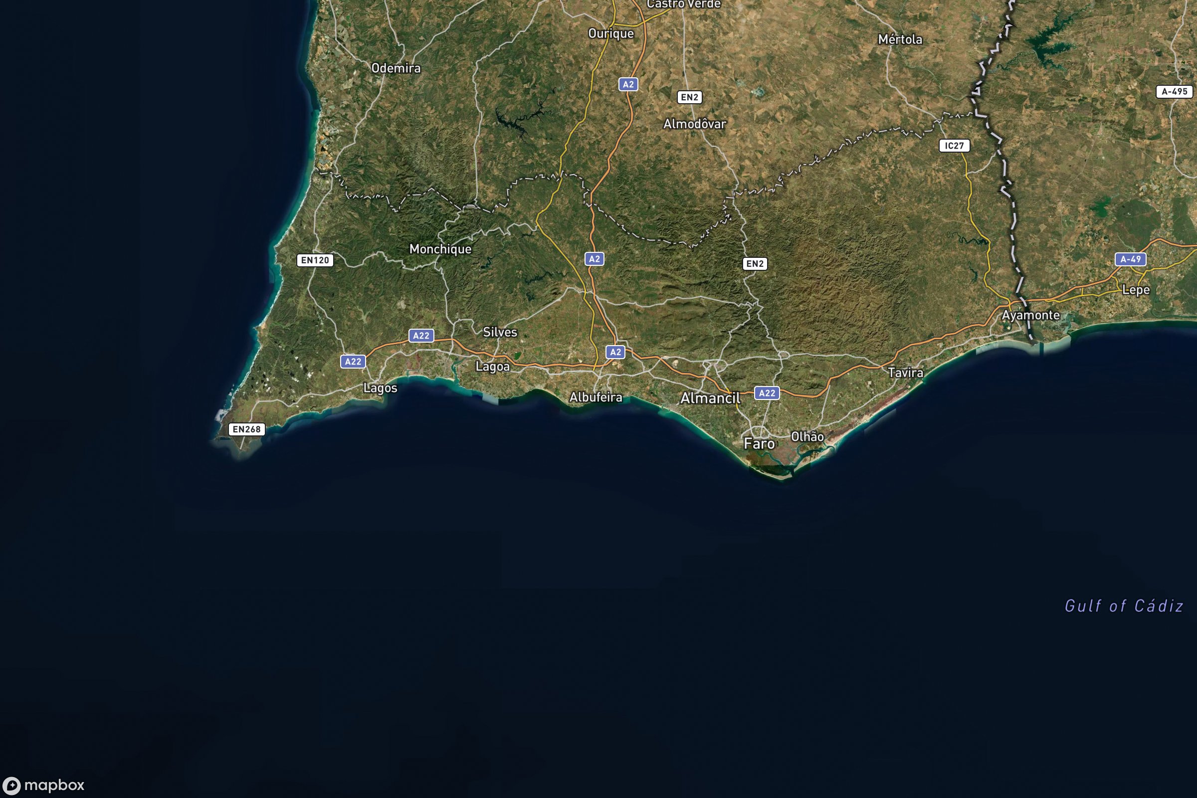 Vue satellite montrant le relief de l'Algarve