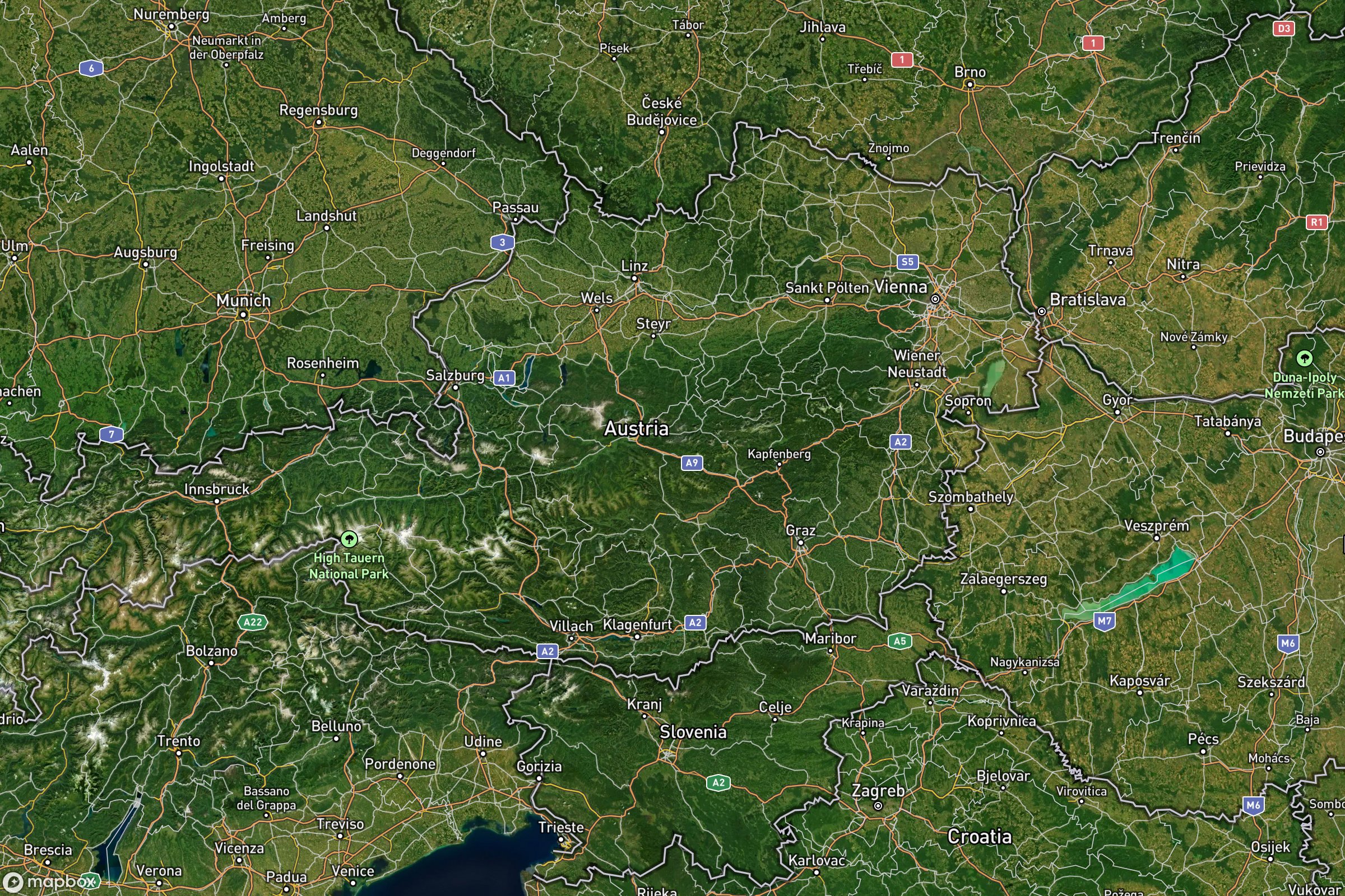Vue satellite montrant le relief de l'Autriche