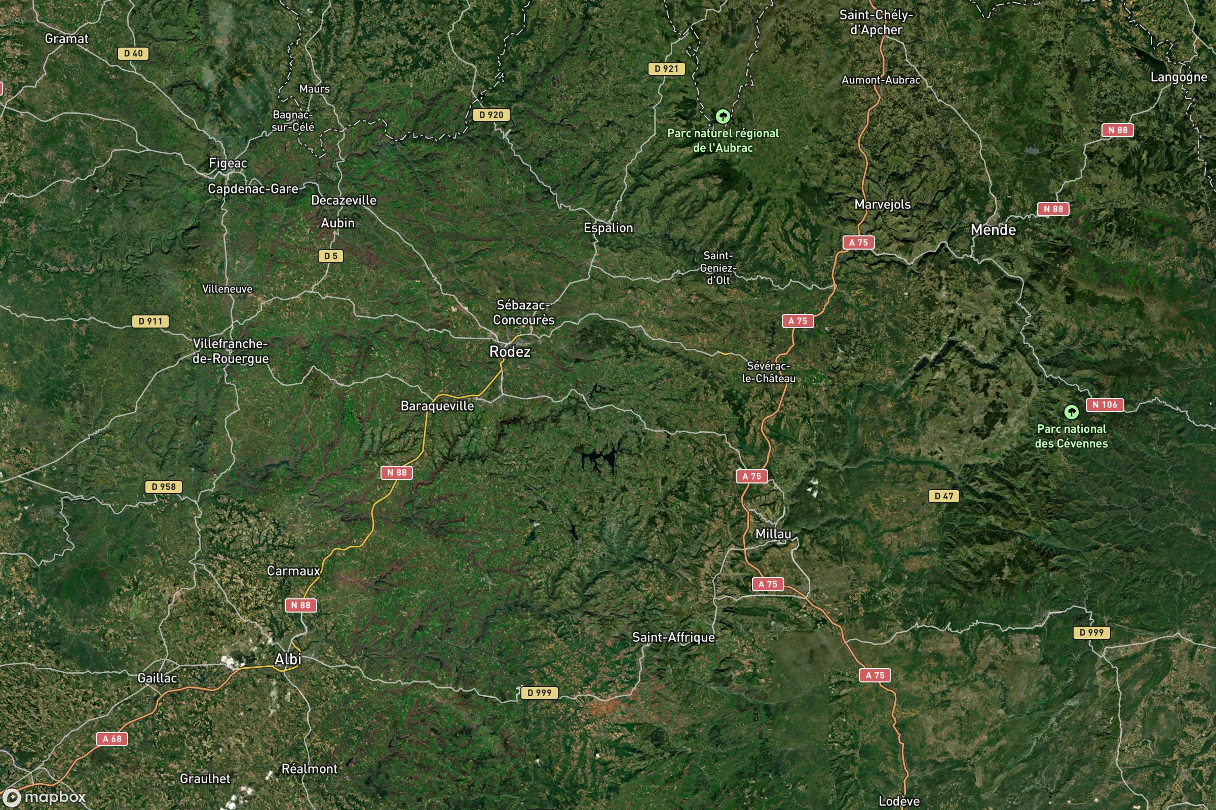 Vue satellite montrant le relief de l'Aveyron