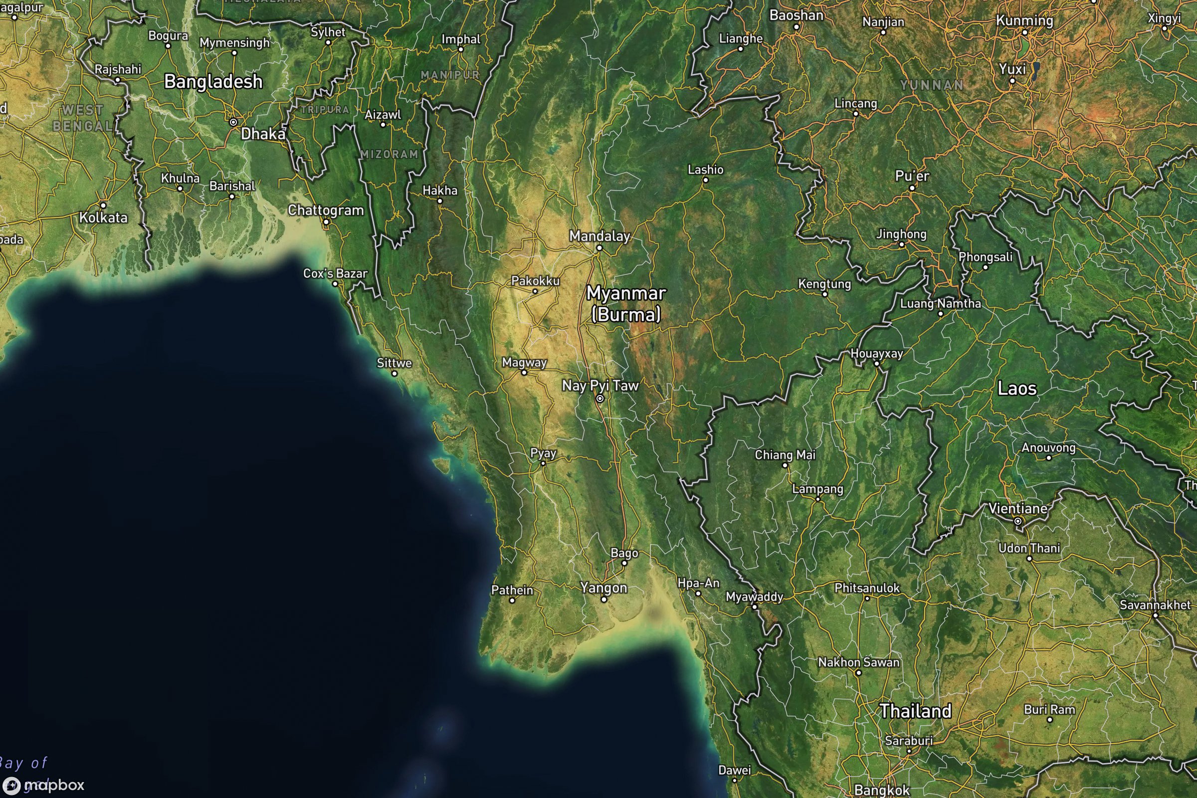 Vue satellite montrant le relief de la Birmanie