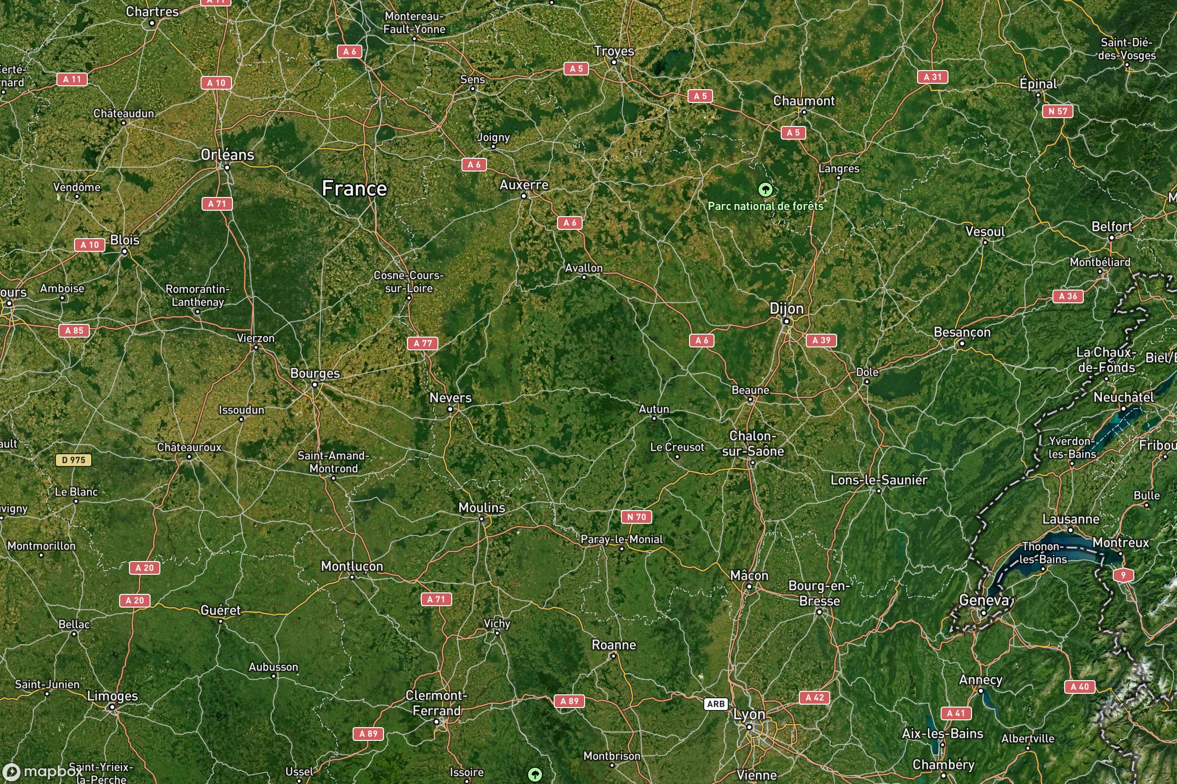 Vue satellite montrant le relief de la Bourgogne