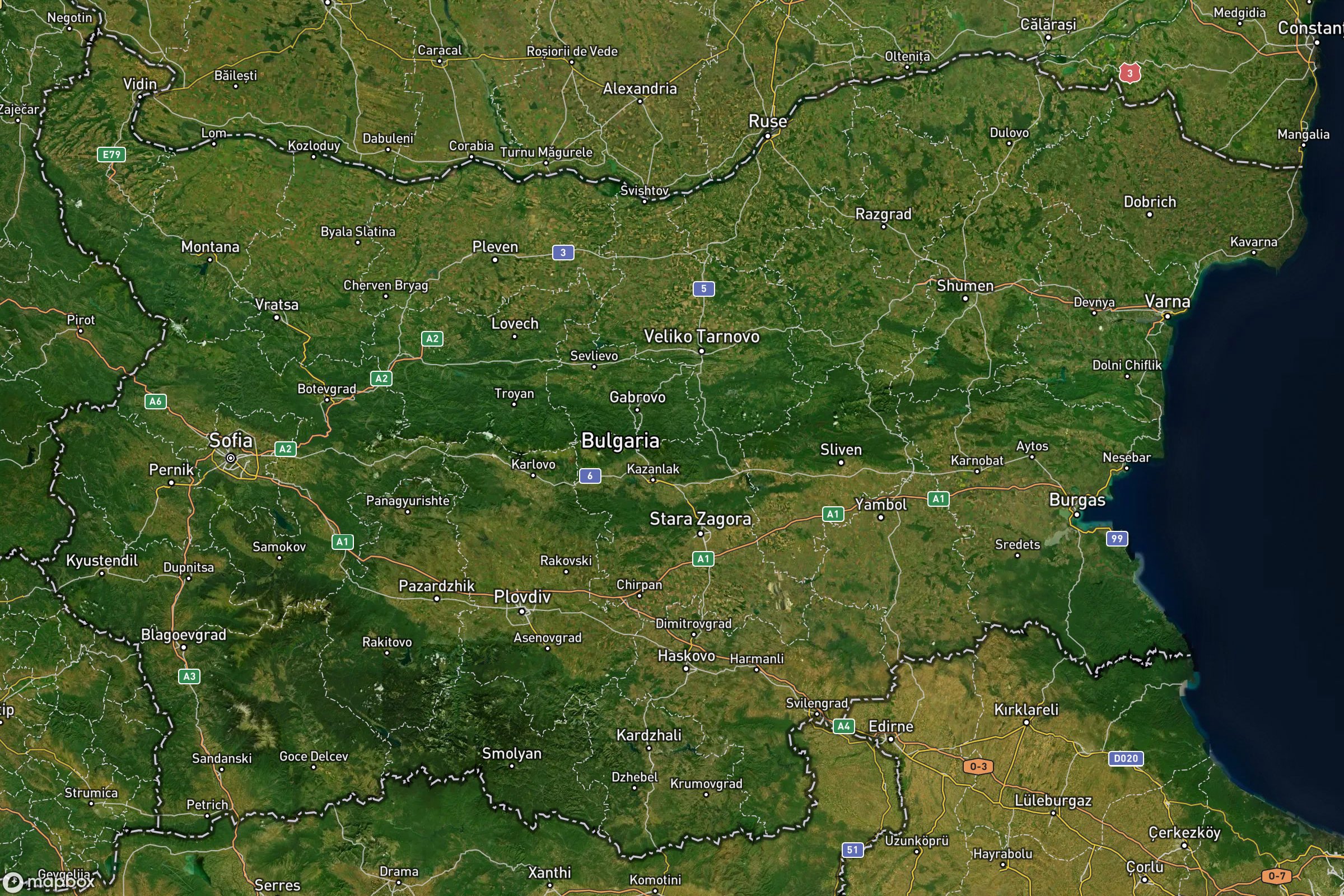 Vue satellite montrant le relief de la Bulgarie