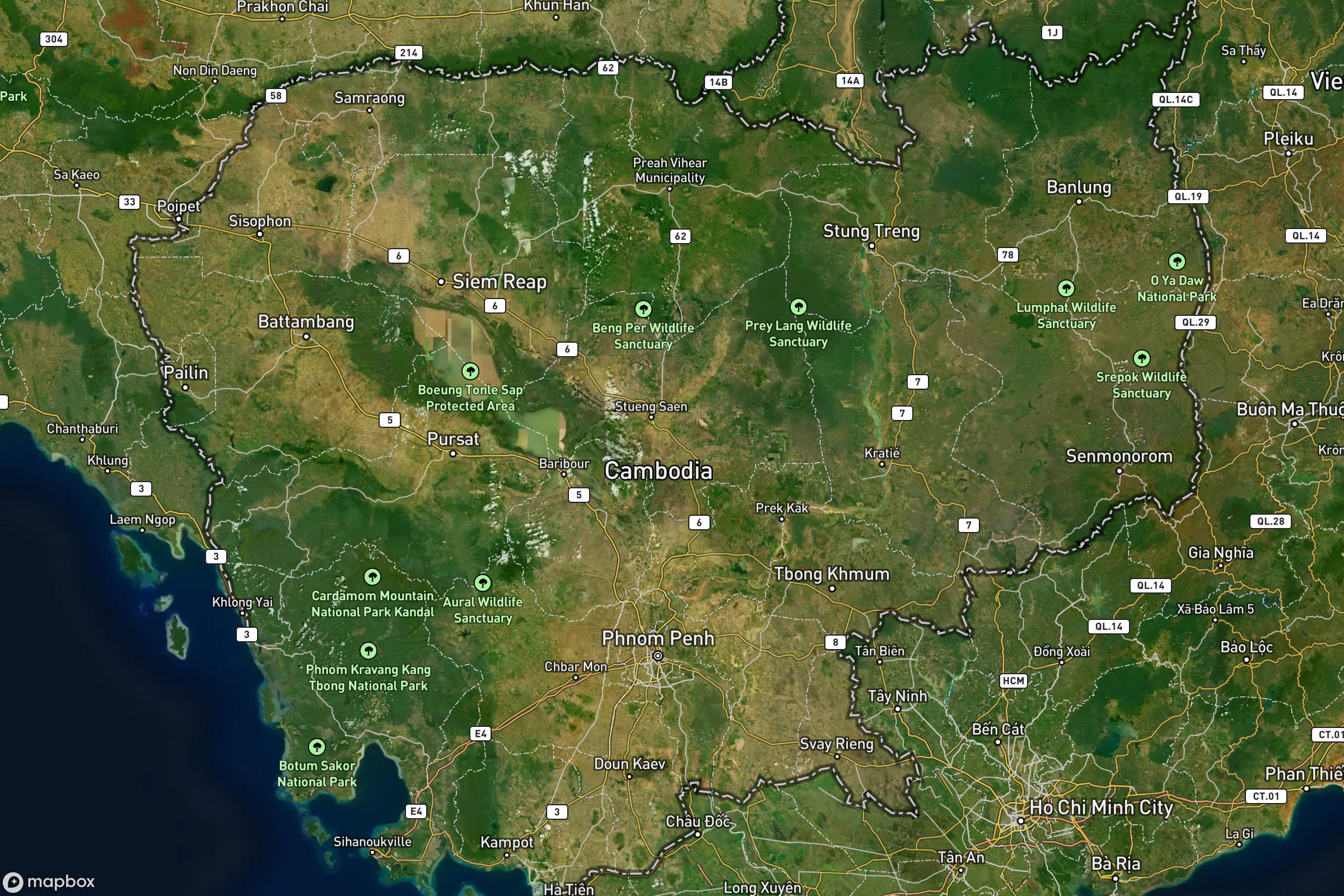 Vue satellite montrant le relief de du Cambodge