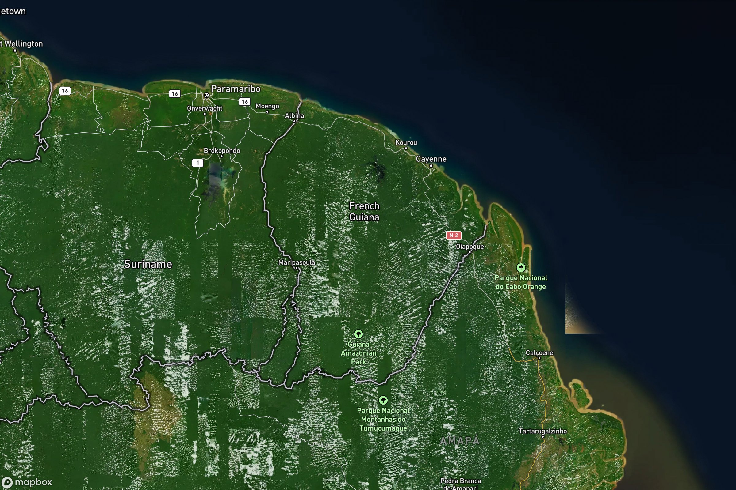 Vue satellite montrant le relief de la Guyane