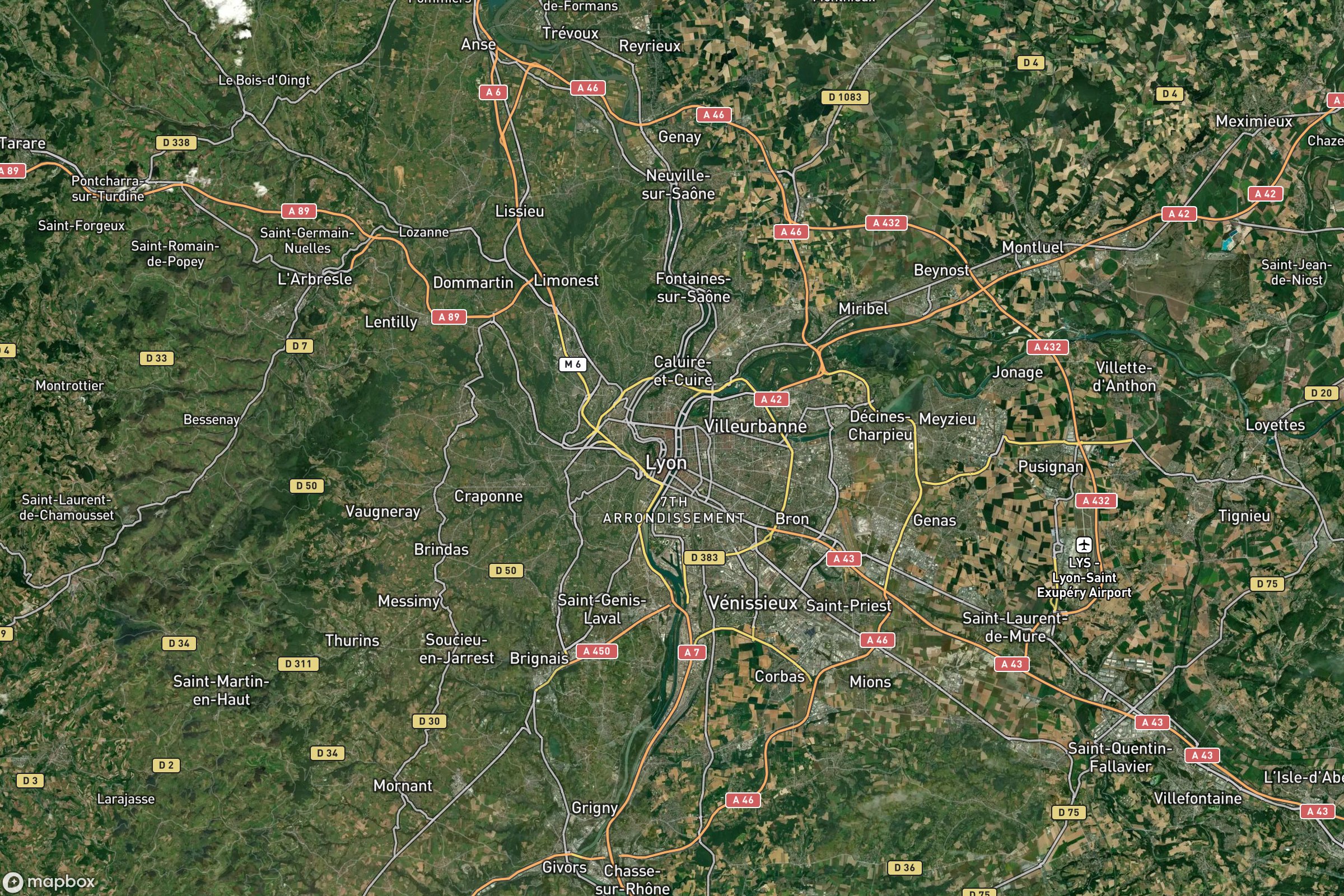 Vue satellite montrant le relief de Lyon