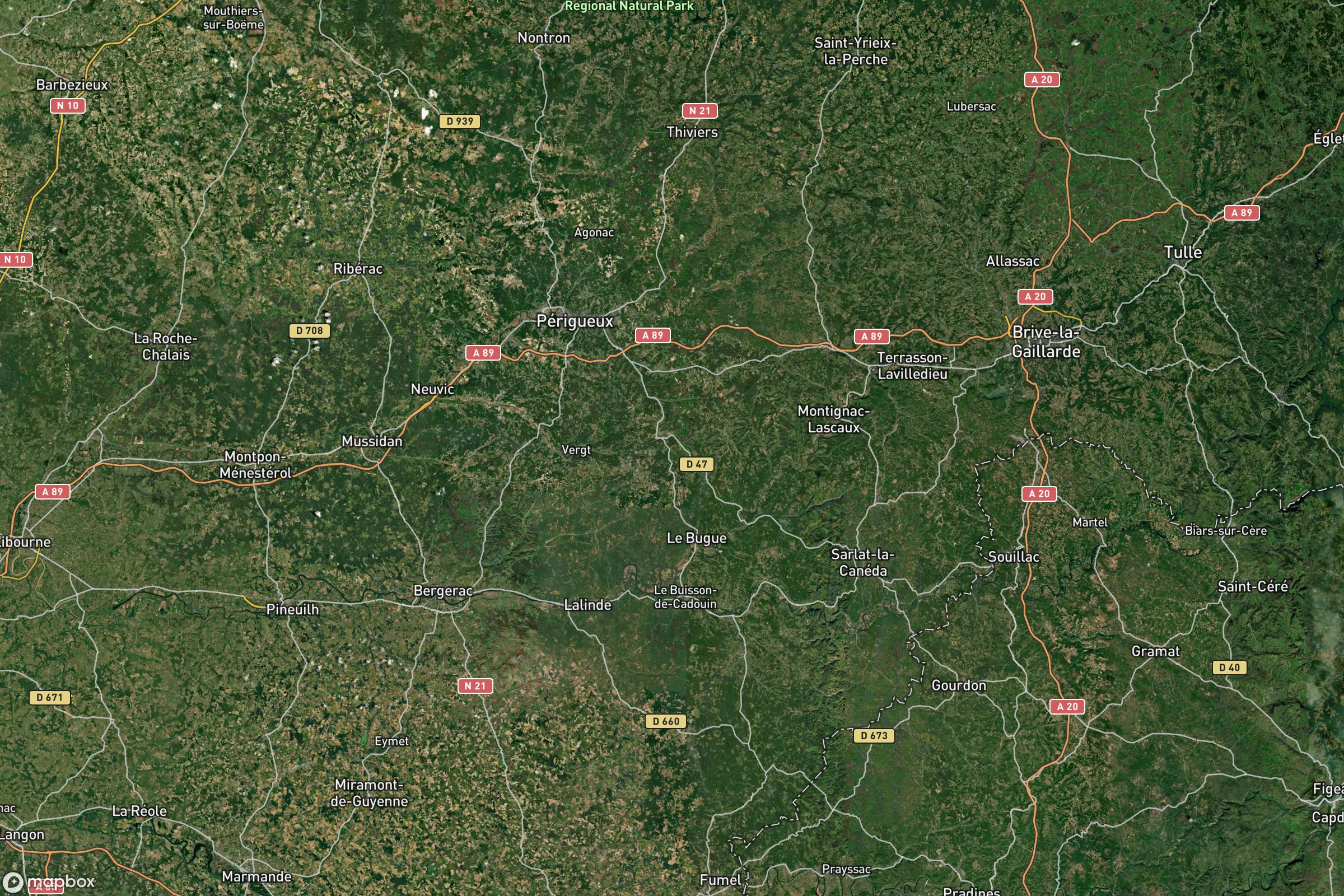 Vue satellite montrant le relief de la Dordogne
