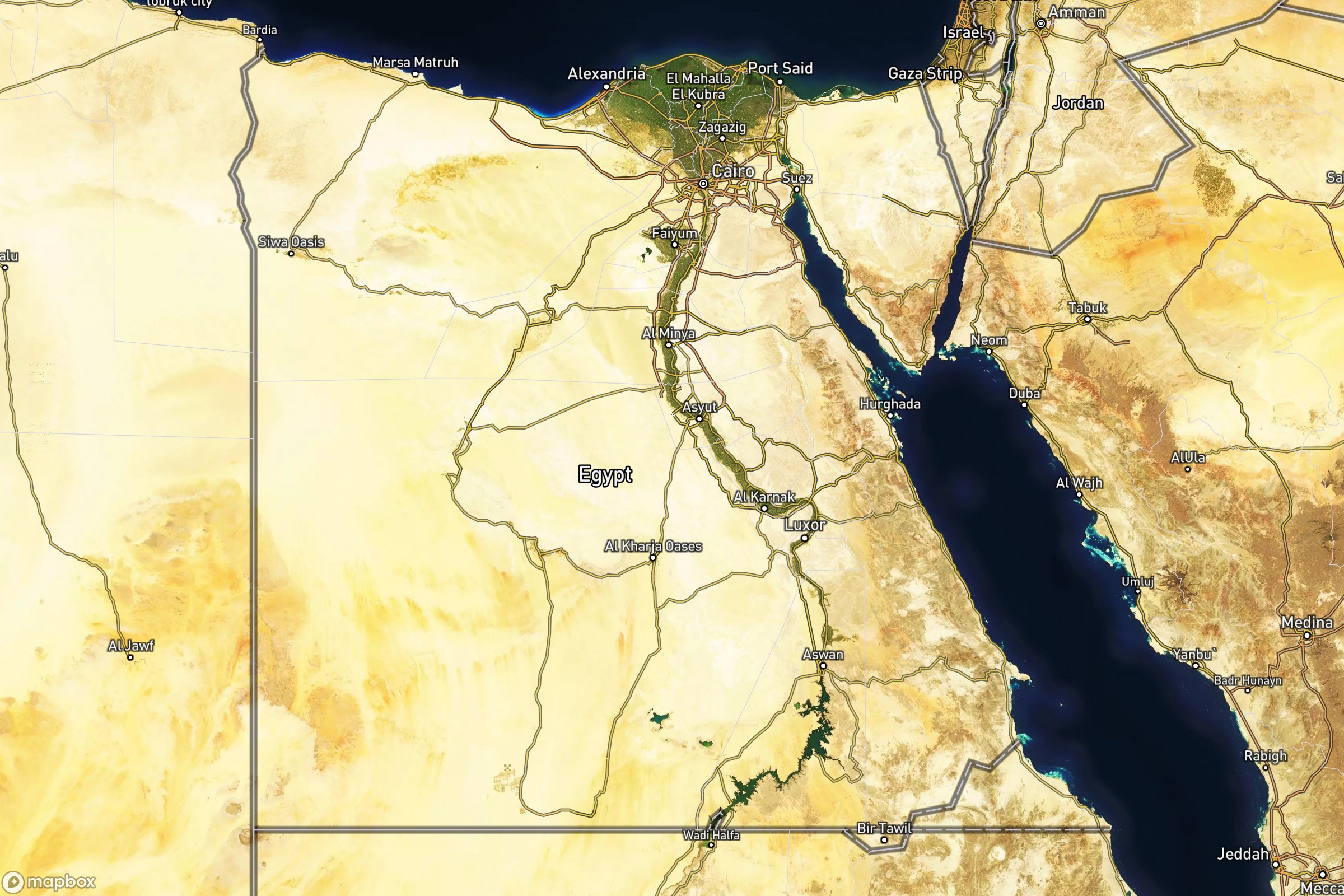 Vue satellite montrant le relief de l'Égypte