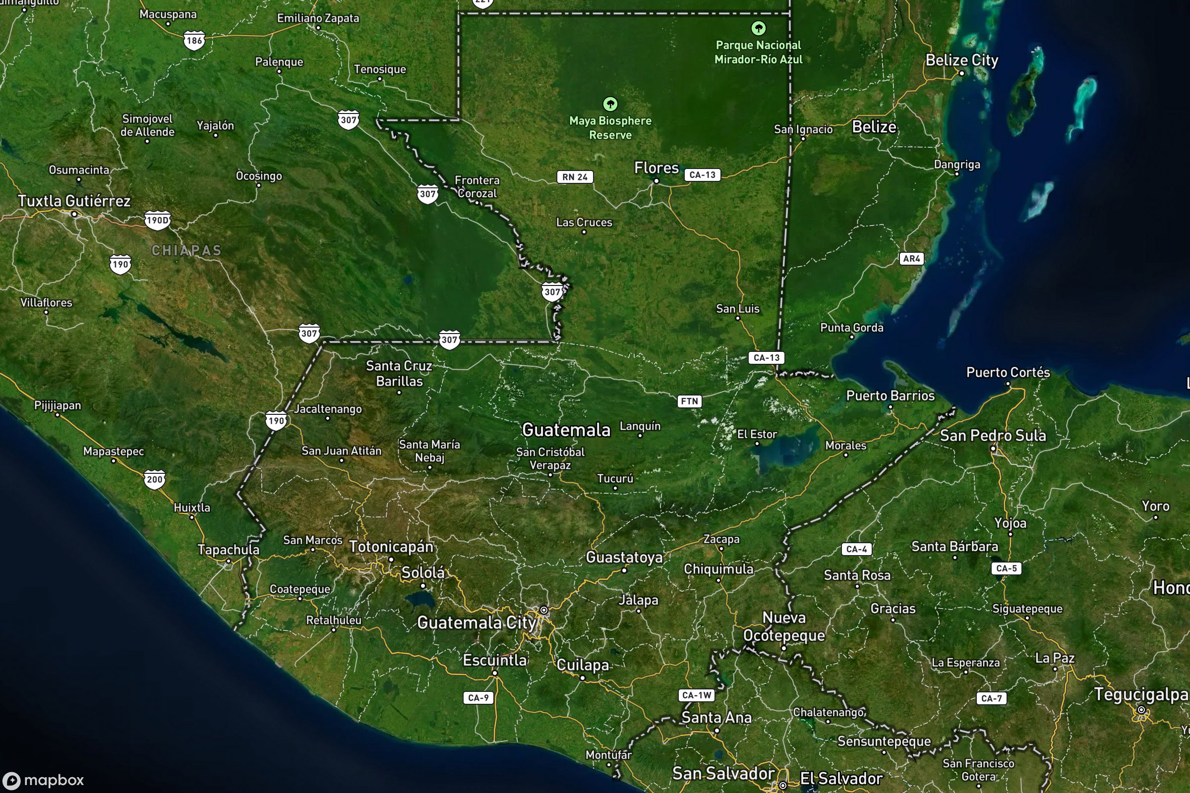 Vue satellite montrant le relief de du Guatemala