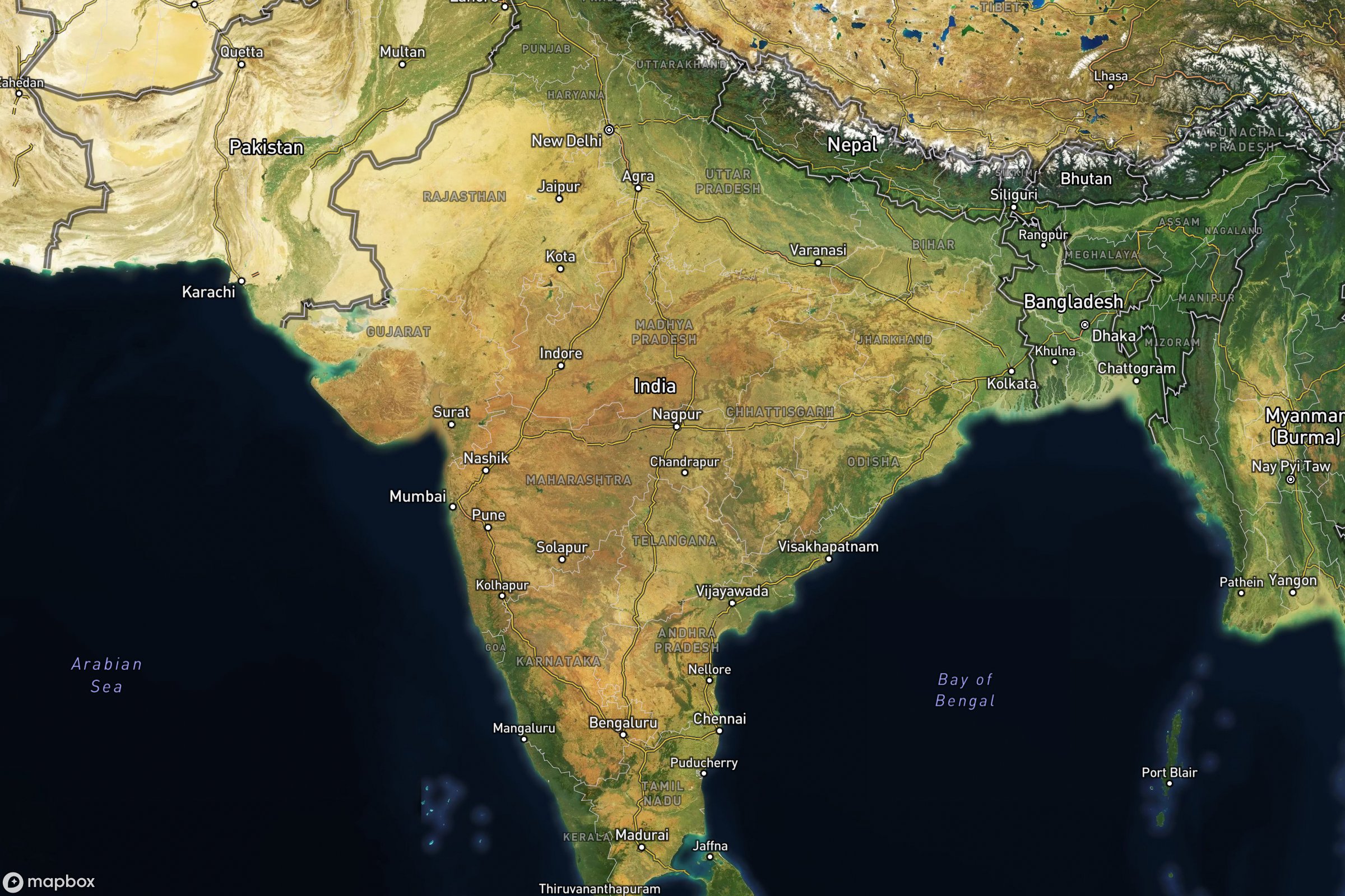 Vue satellite montrant le relief de l'Inde