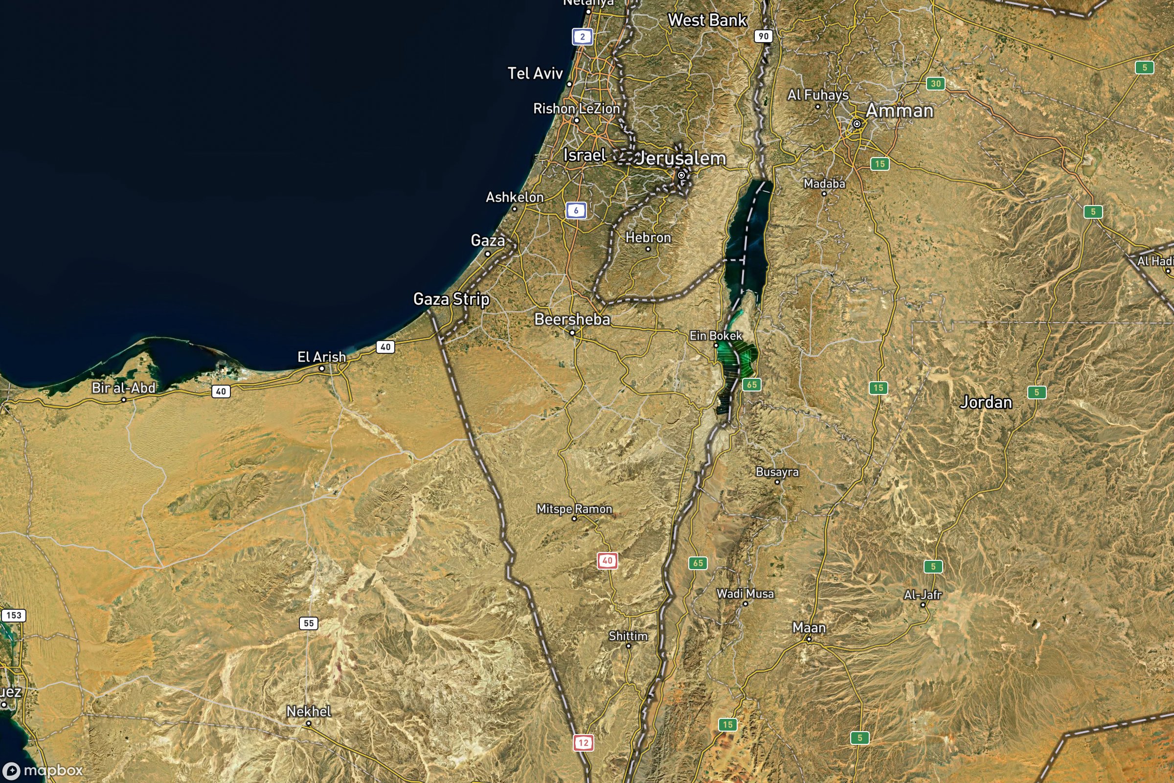 Vue satellite montrant le relief de d'Israël