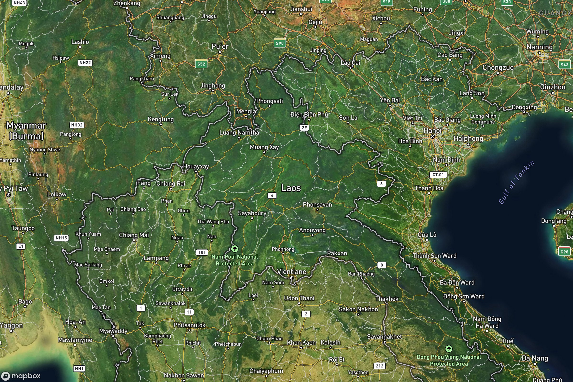 Vue satellite montrant le relief de du Laos