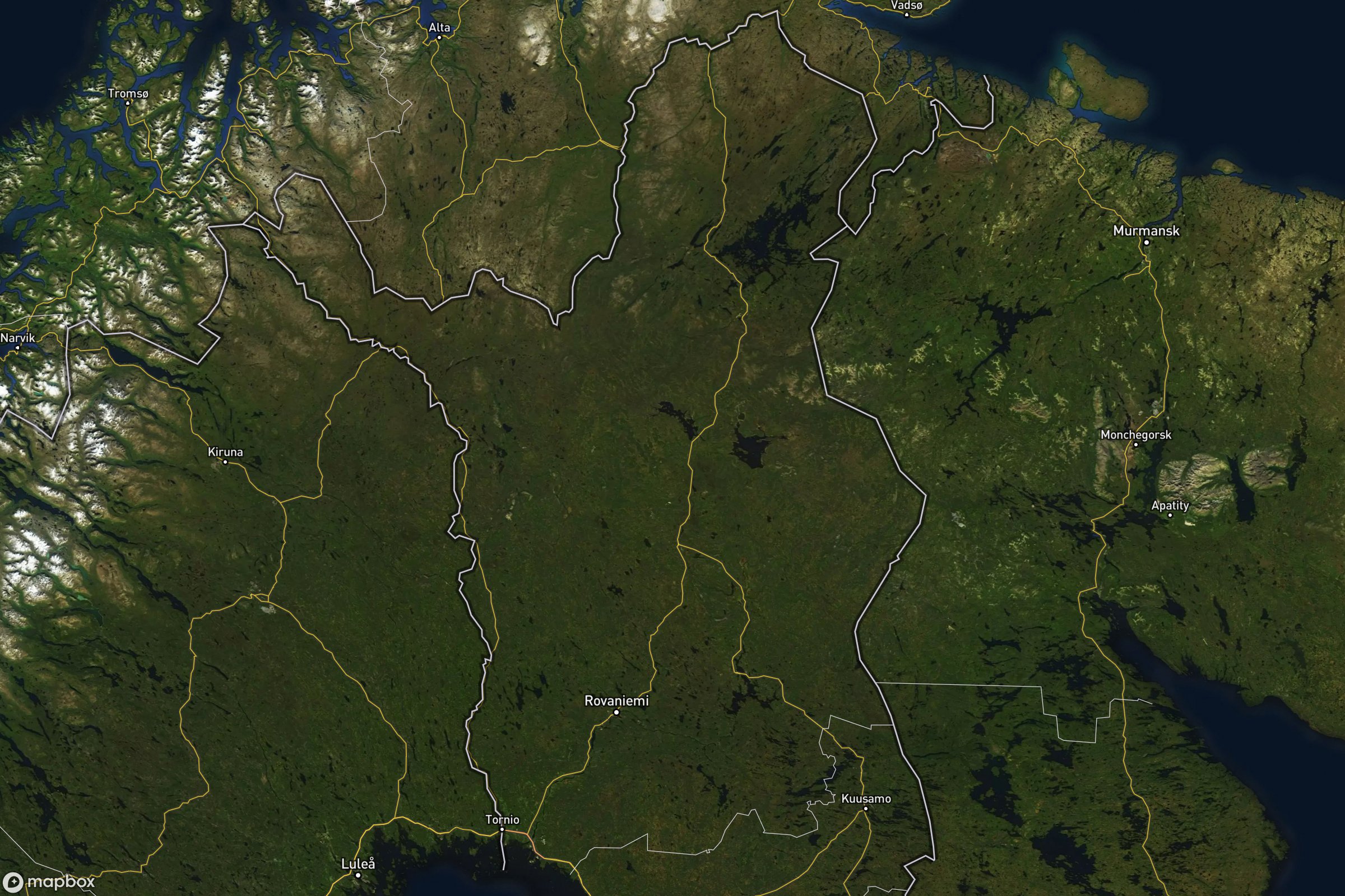 Vue satellite montrant le relief de la Laponie